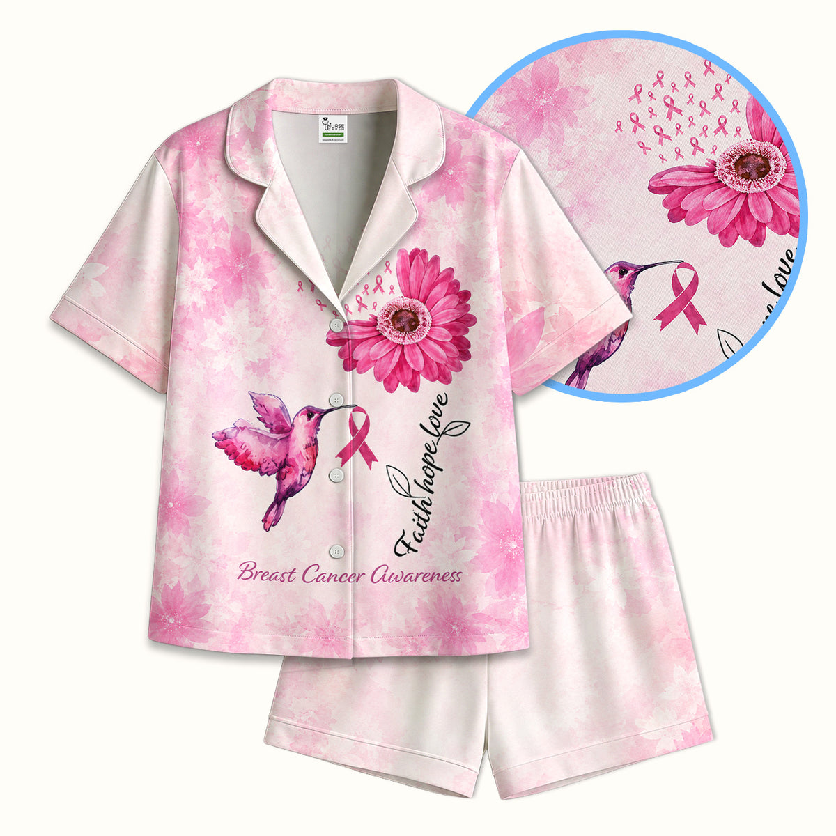 Breast Cancer Awareness Hummingbird Pattern Pajama Set, Soft Breathable Fabric Comfortable Sleepwear