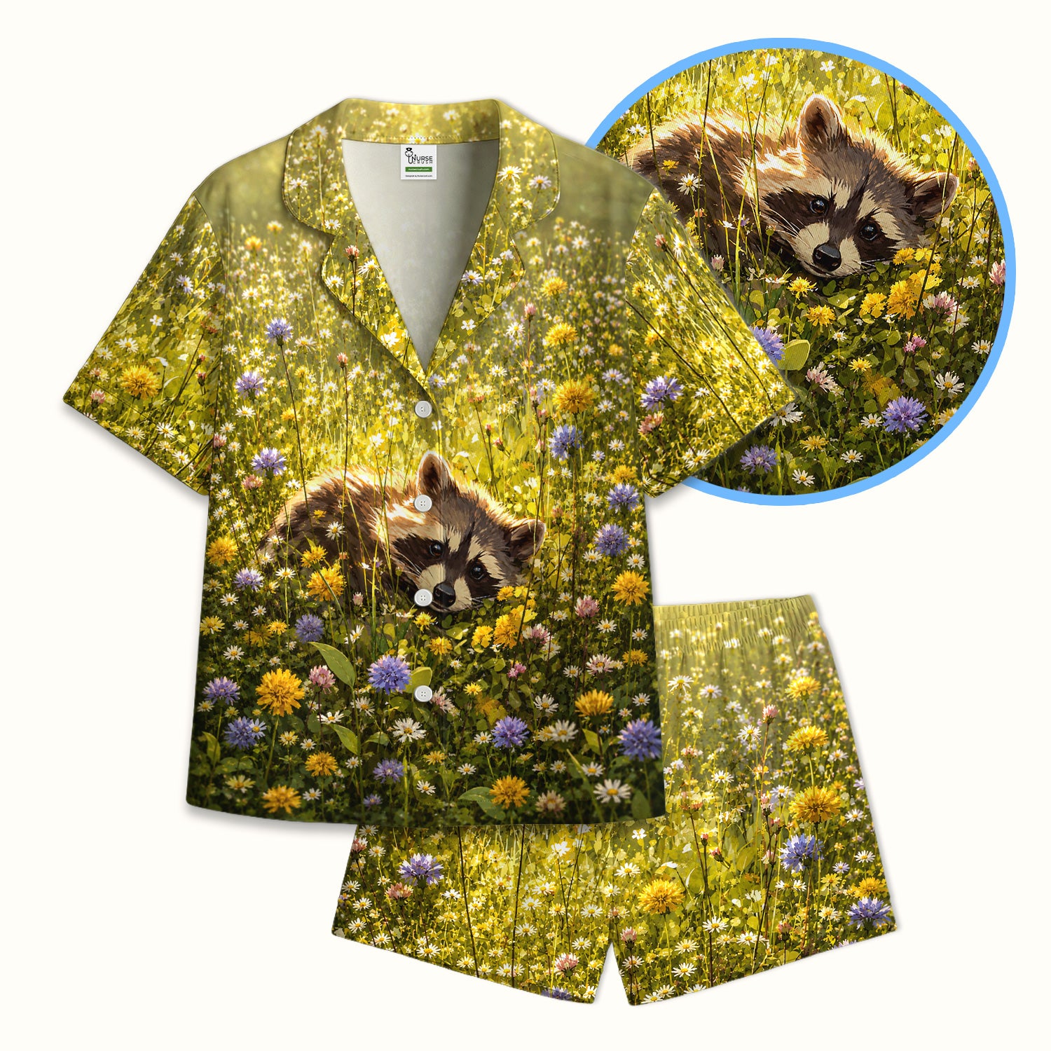 Meadow Raccoon Wildflower Garden Pattern Pajama Set, Soft Breathable Fabric Comfortable Sleepwear
