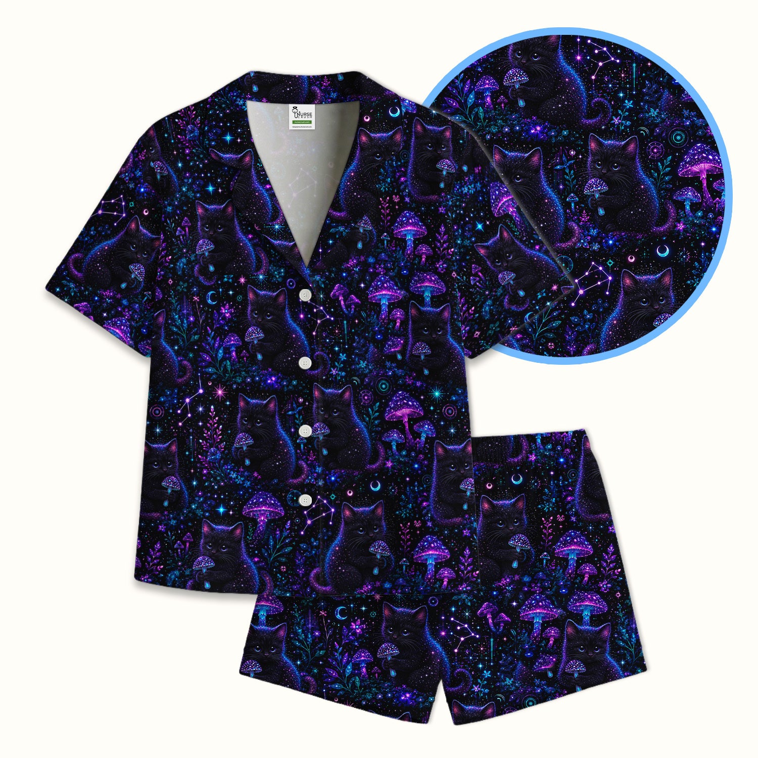 Neon Black Cat Mushroom Galaxy Pattern Pajama Set, Soft Breathable Fabric Comfortable Sleepwear