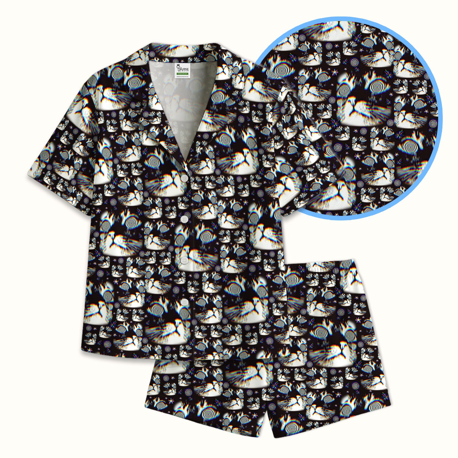 Funny Cosmic Cat Eye Spiral Pattern Pajama Set, Soft Breathable Fabric Comfortable Sleepwear