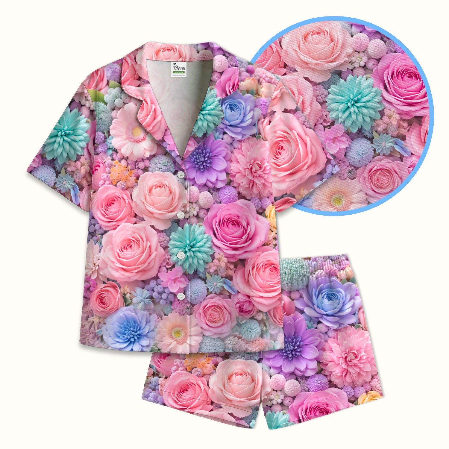 Pastel Floral Pink Rose & Candy Color Pajama Set, Soft Breathable Sleepwear