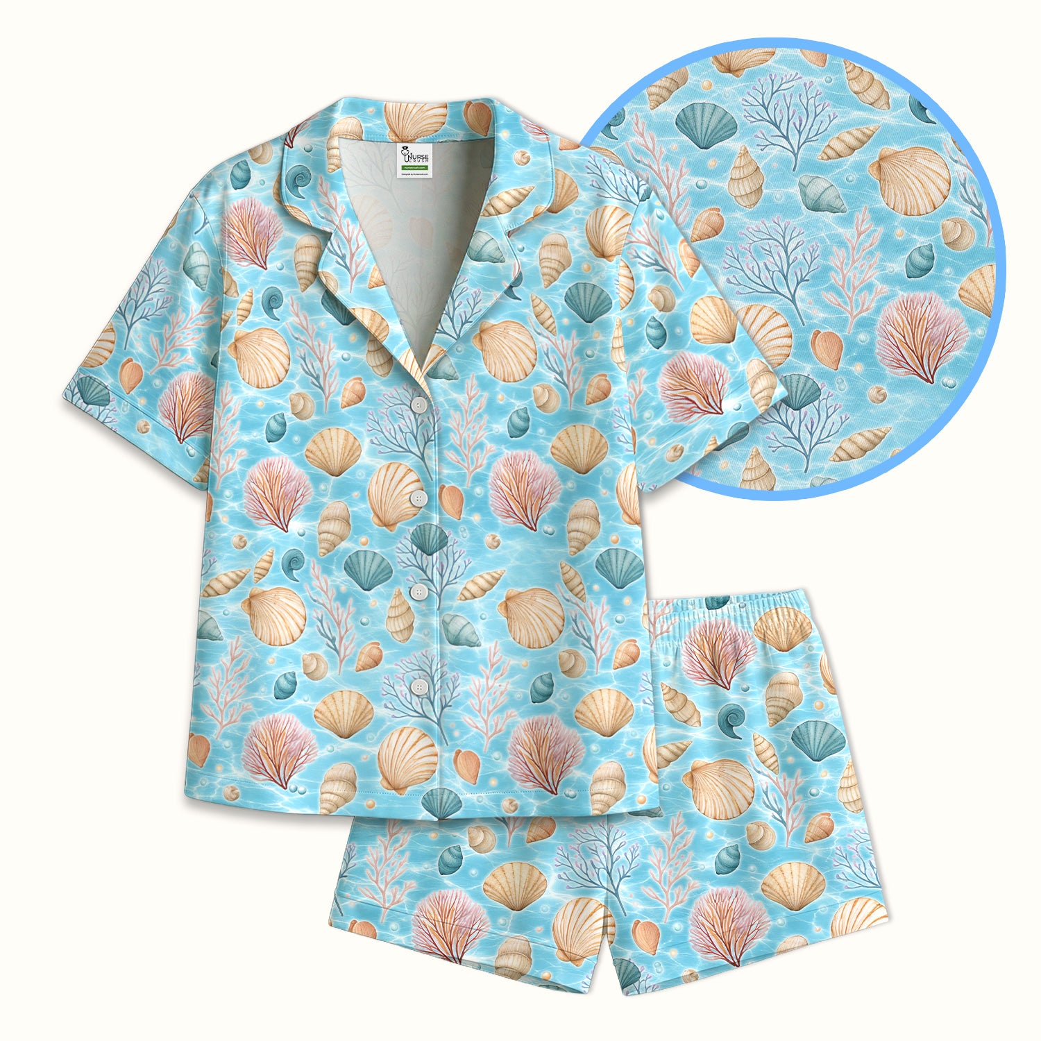 Cute Nurse Coastal Seashell And Coral Reef Pajama Set, Breathable Fabrics Uniform