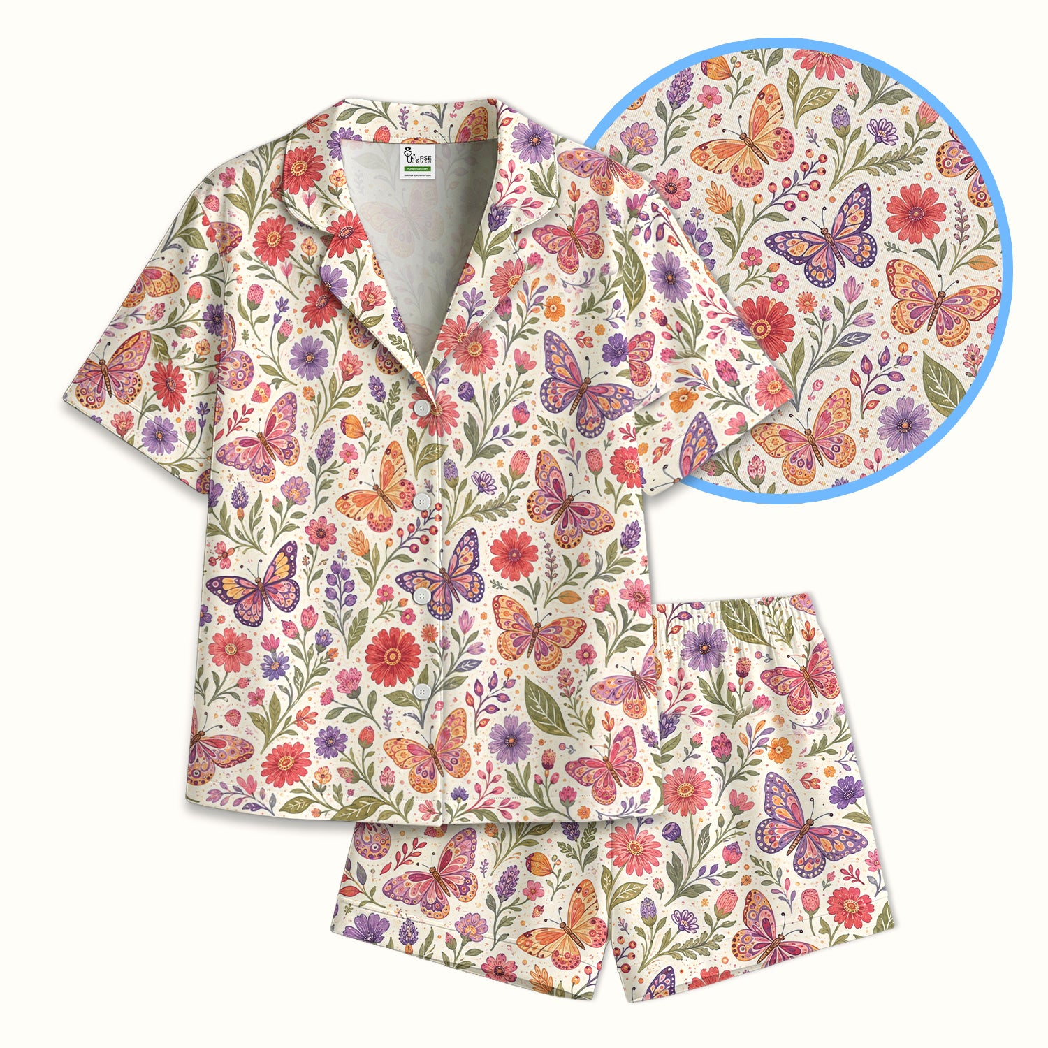 Floral Butterfly Pediatric Nurse Pattern Pajama Set, Soft Breathable Fabric Comfortable Sleepwear