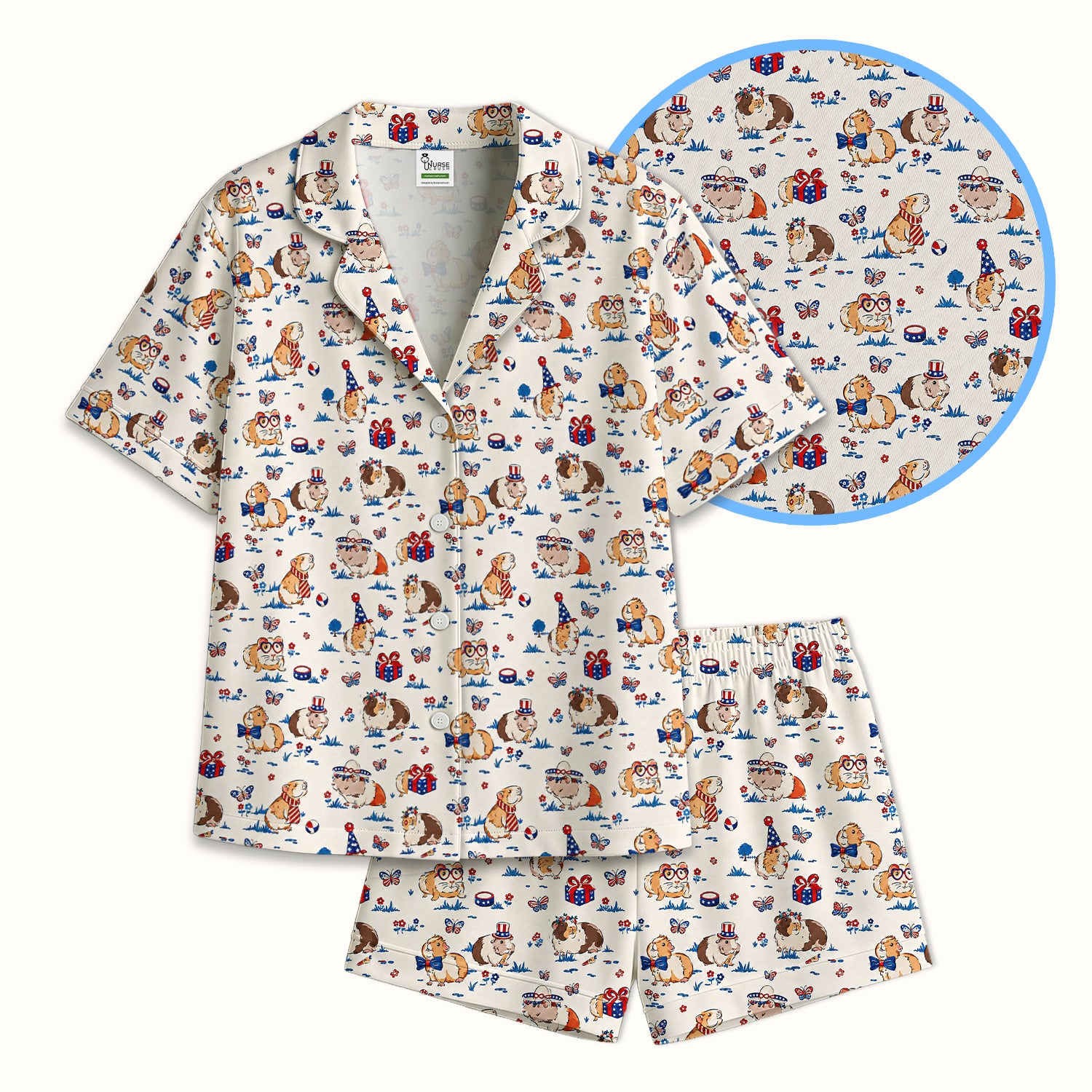 Patriotic Guinea Pig Celebration Pattern Pajama Set, Soft Breathable Fabric Comfortable Sleepwear