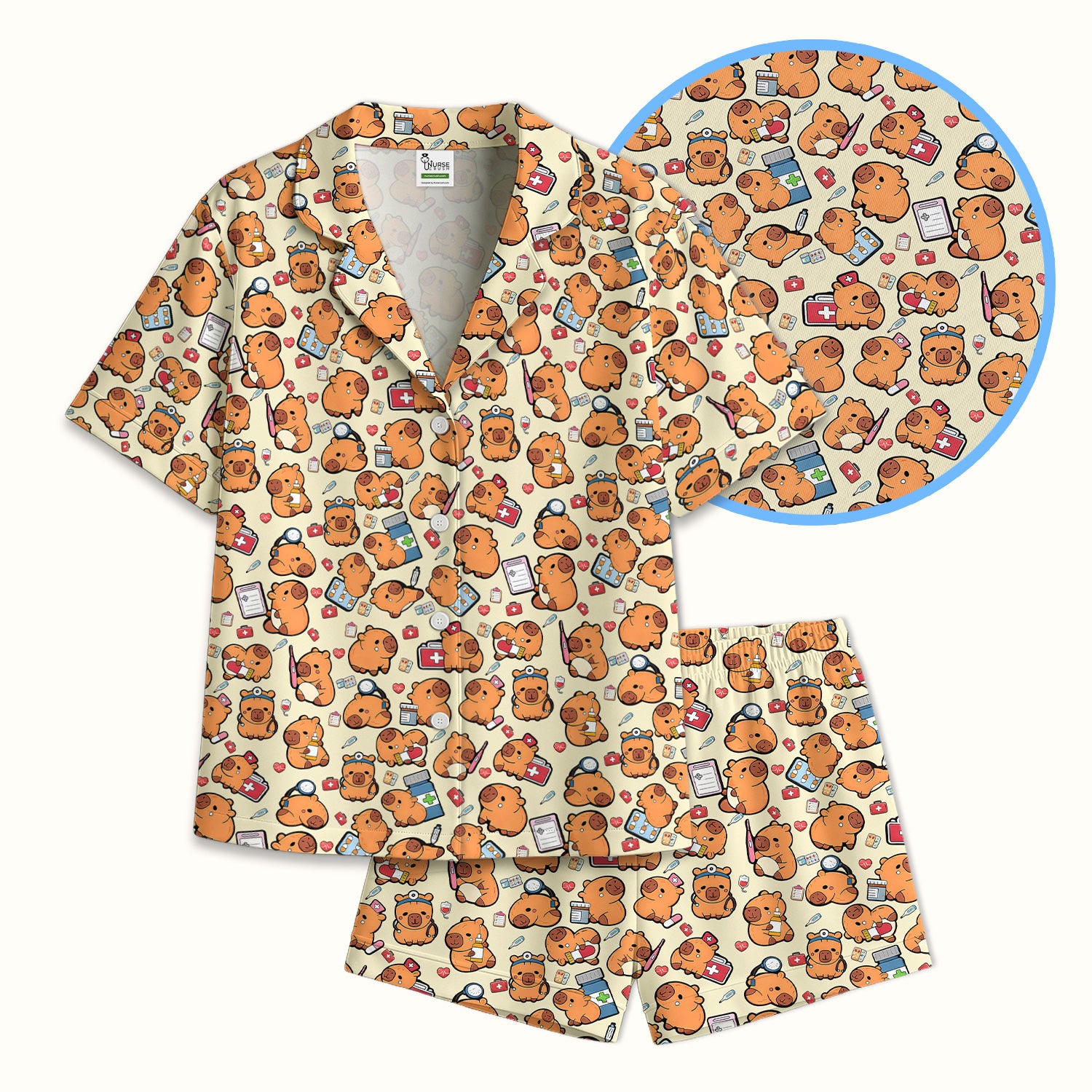 Capybara With Stethoscope And Medical Tools Seamless Pajama Set, Breathable Fabrics Uniform