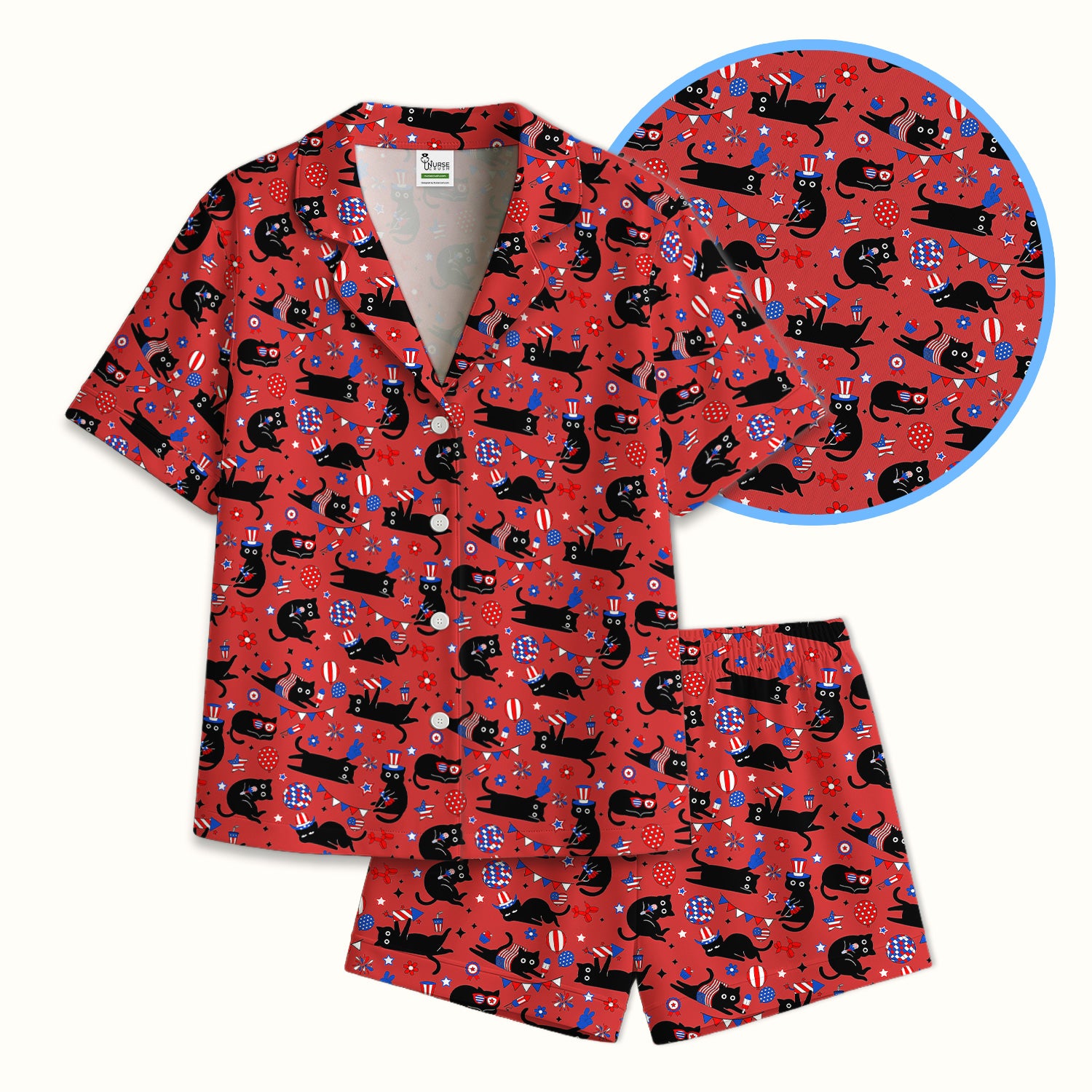 Patriotic Black Cat Pattern Pajama Set, Soft Breathable Fabric Comfortable Sleepwear