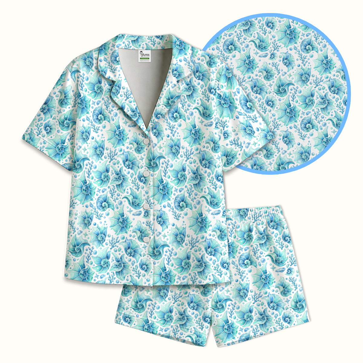 Blue Watercolor Seashell Pattern Pajama Set, Soft Breathable Fabric Comfortable Sleepwear