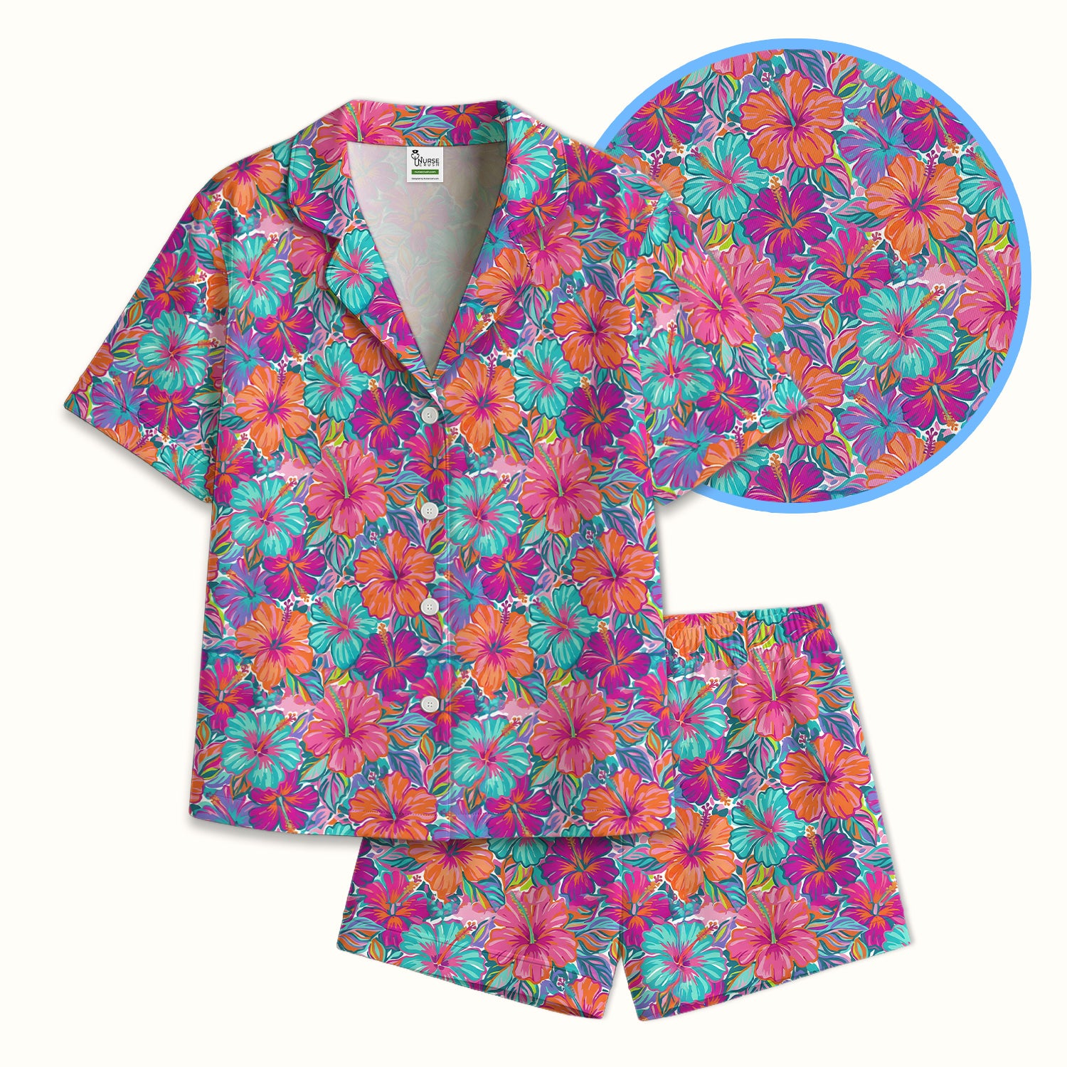 Vibrant Hibiscus Tropical Floral Pattern Pajama Set, Soft Breathable Fabric Comfortable Sleepwear