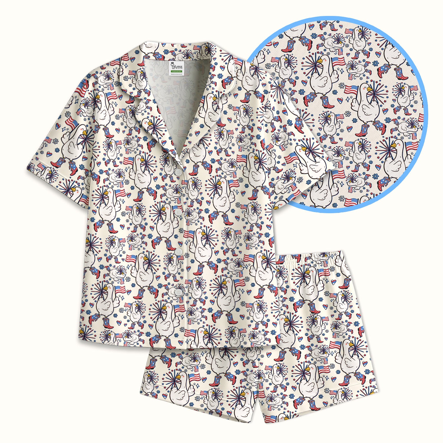 Patriotic Goose With USA Flag Fireworks Pajama Set, Soft Breathable Fabric Comfortable Sleepwear