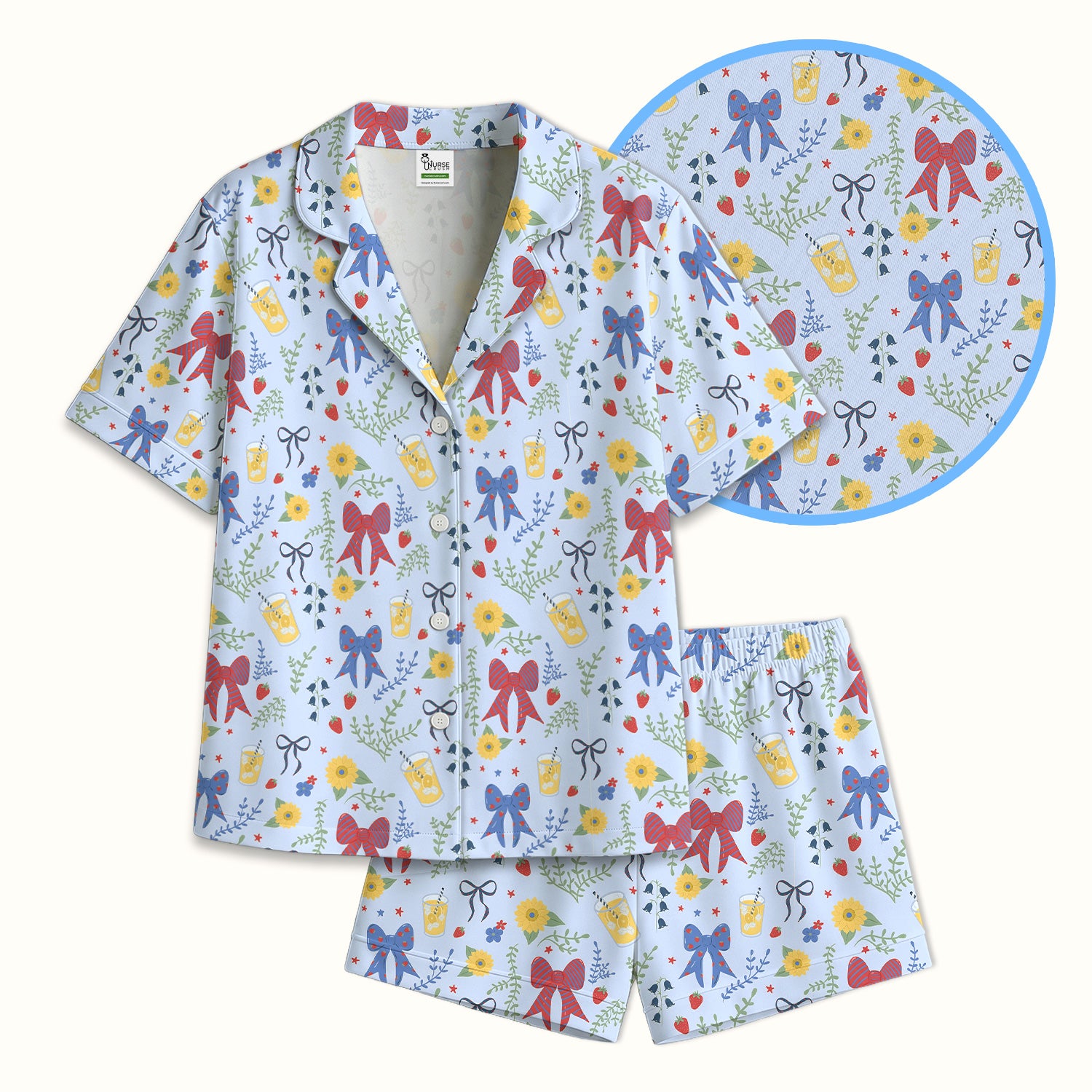 Sweet Summer Bow Nurse, Lemonade Floral Medical Pajama Set, Soft Breathable Fabric Comfortable Sleepwear