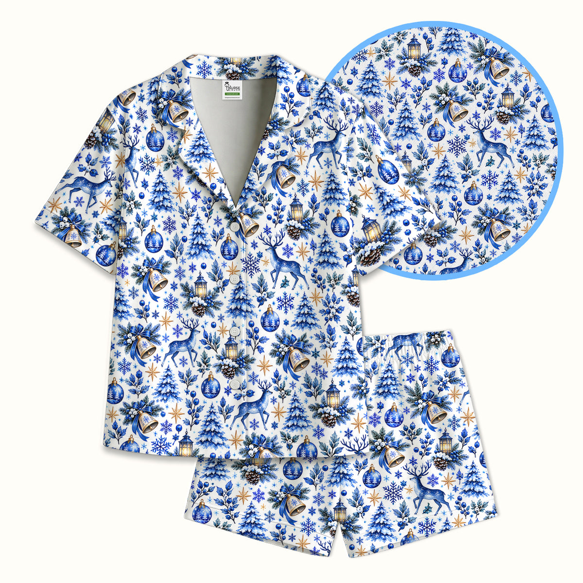 Blue Christmas Reindeer And Winter Trees Pajama Set, Soft Breathable Fabric Comfortable Sleepwear