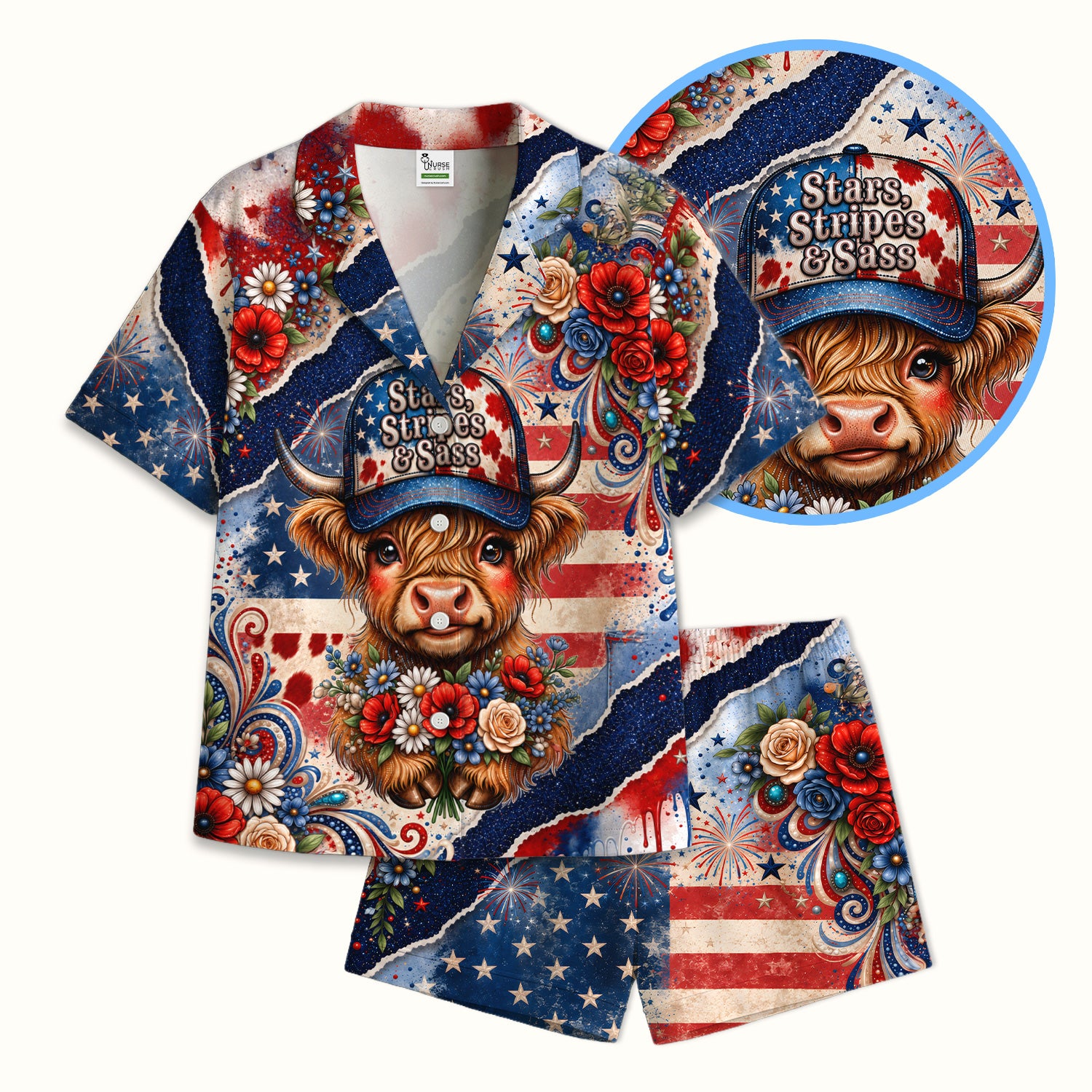 Patriotic Highland Cow Nurse Pattern, Healthcare Workers Pajama Set, Soft Breathable Fabric Comfortable Sleepwear