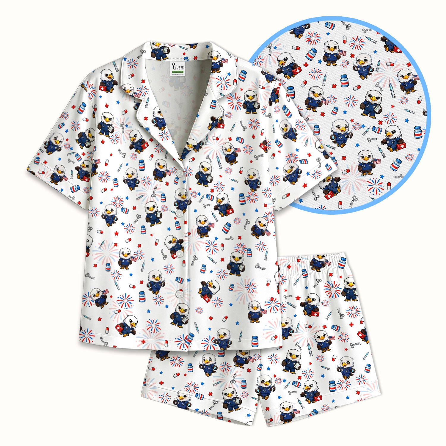 Patriotic Nurse Eagle Fireworks Medical Pattern Pajama Set, Breathable Fabrics Uniform