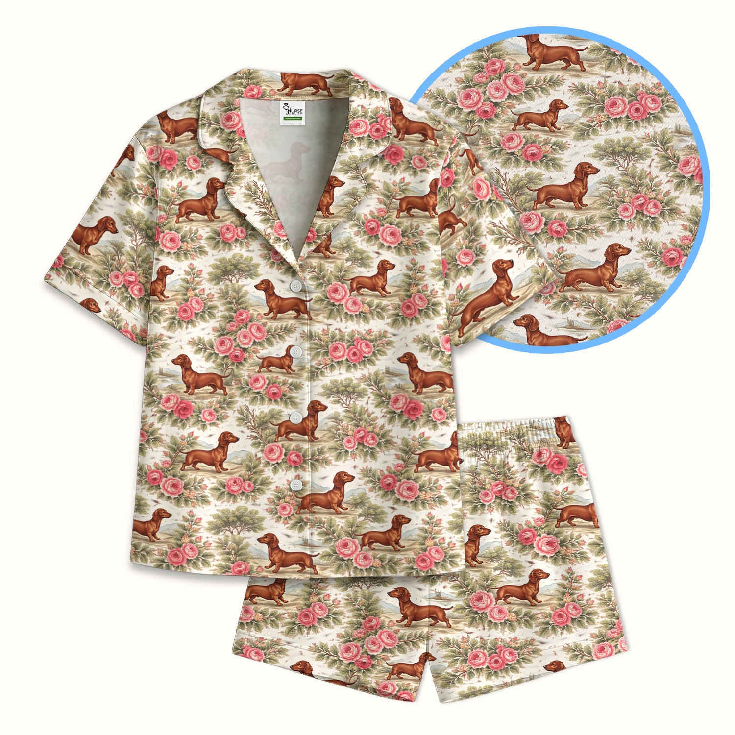 Vintage Dachshund Rose Floral Pattern Pajama Set, Soft Breathable Fabric Comfortable Sleepwear