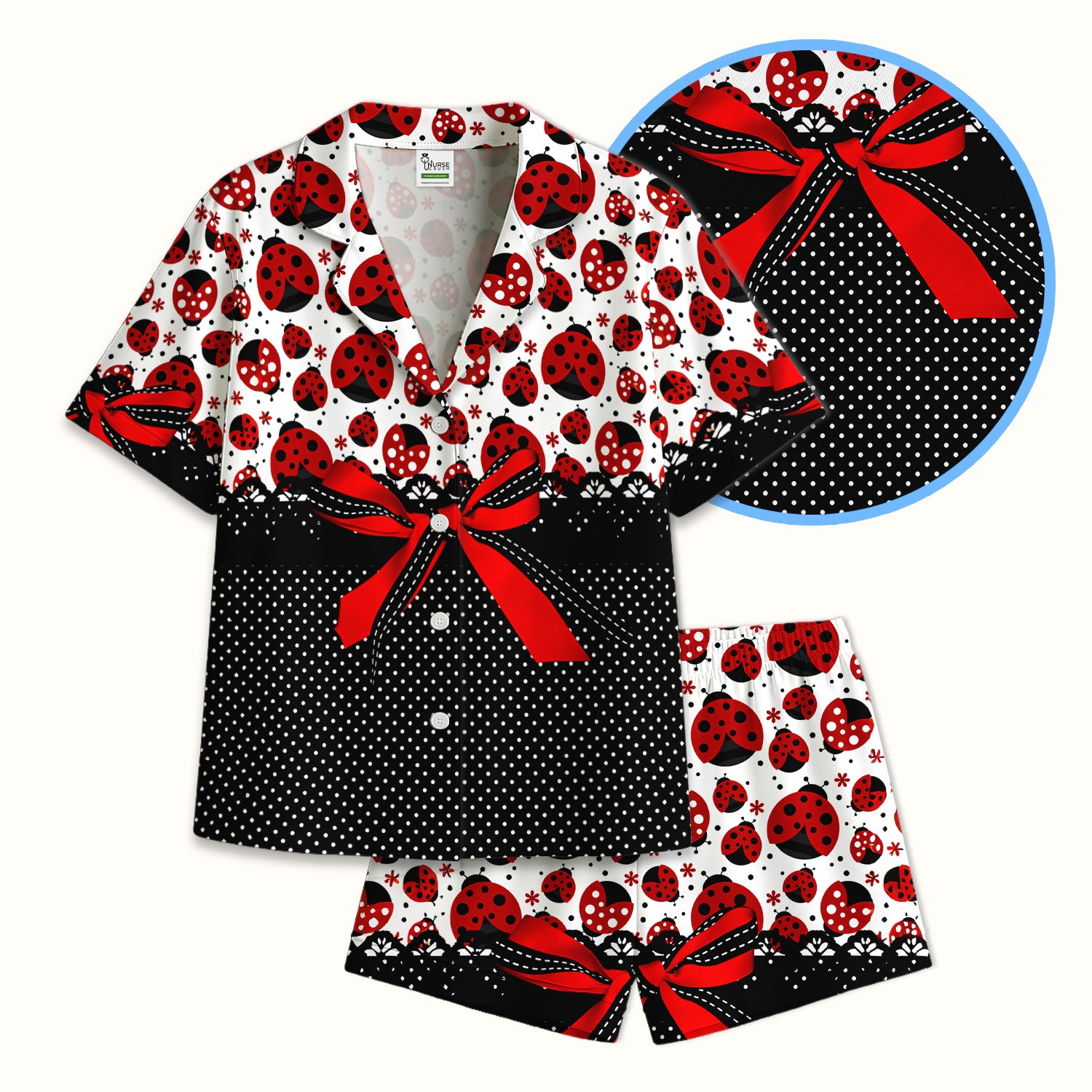 Cute Ladybug Red Ribbon Polka Pattern Pajama Set, Soft Breathable Fabric Comfortable Sleepwear