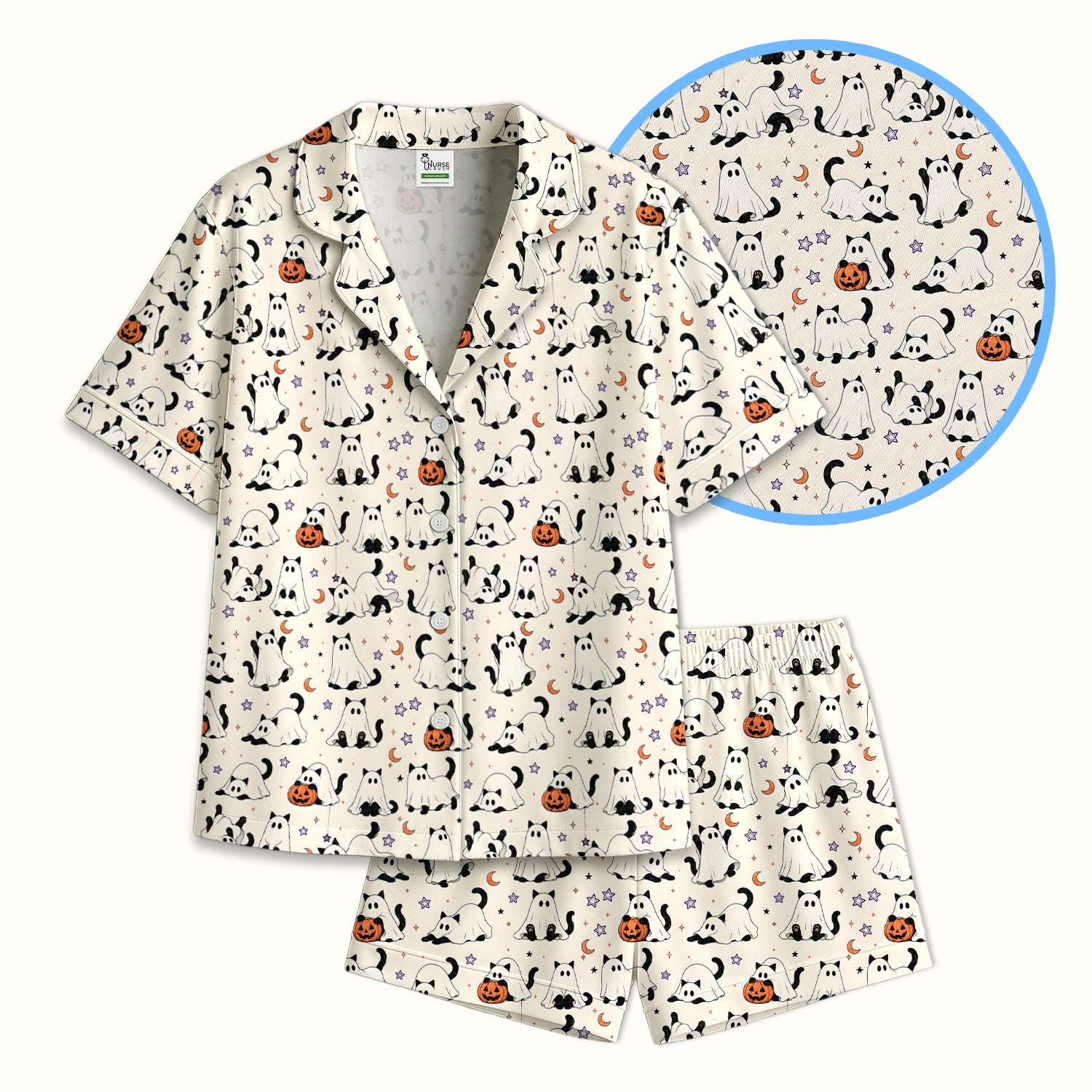 Halloween Ghost Cats And Pumpkins Pajama Set, Soft Breathable Fabric Comfortable Sleepwear