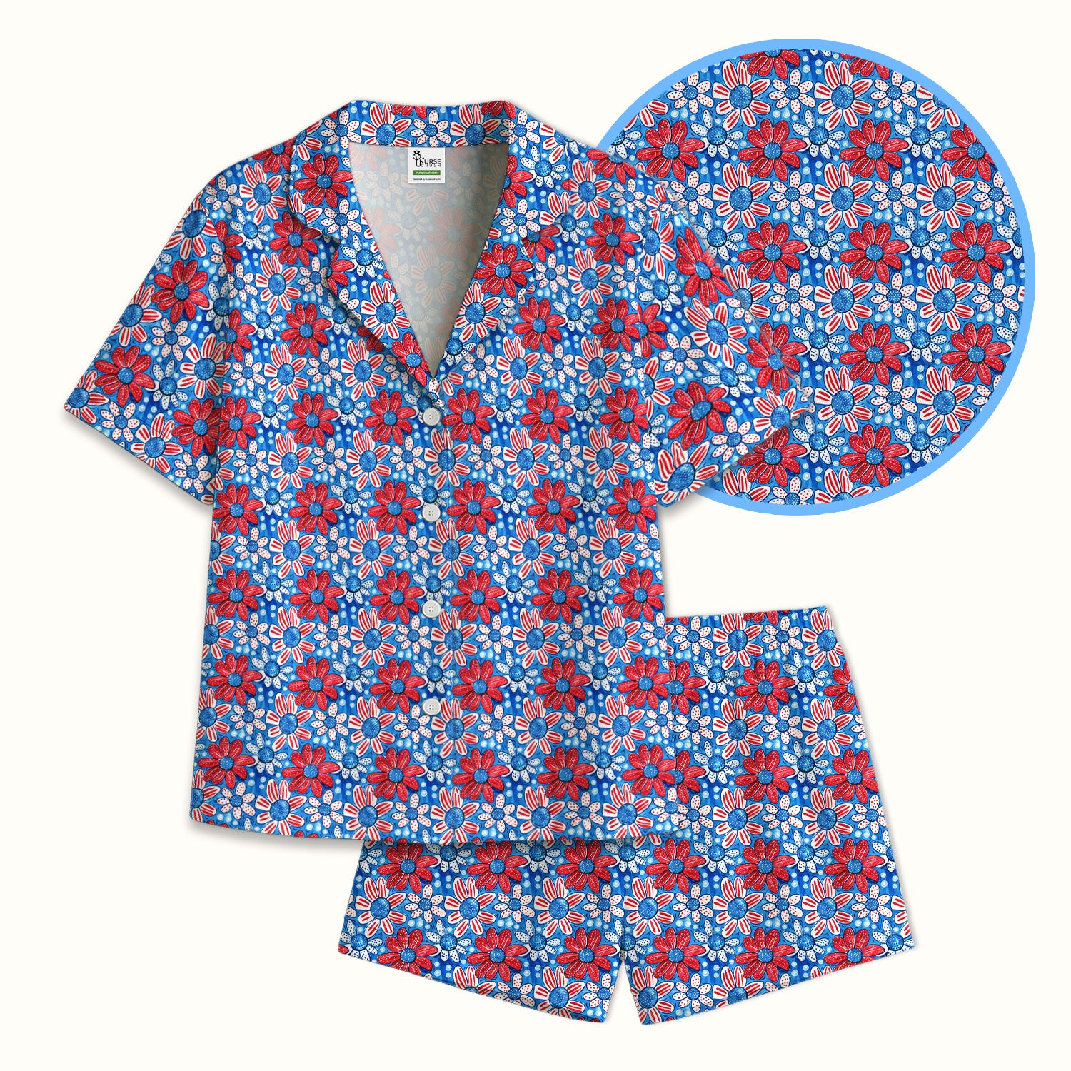 Cute Patriotic Daisy Blossom Repeat Pattern Pajama Set, Soft Breathable Fabric Comfortable Sleepwear