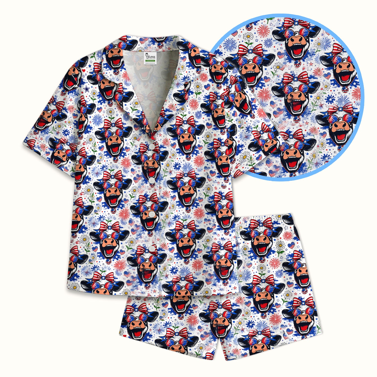 Funny Patriotic Cow Nurse Print Pajama Set, Soft Breathable Fabric Comfortable Sleepwear