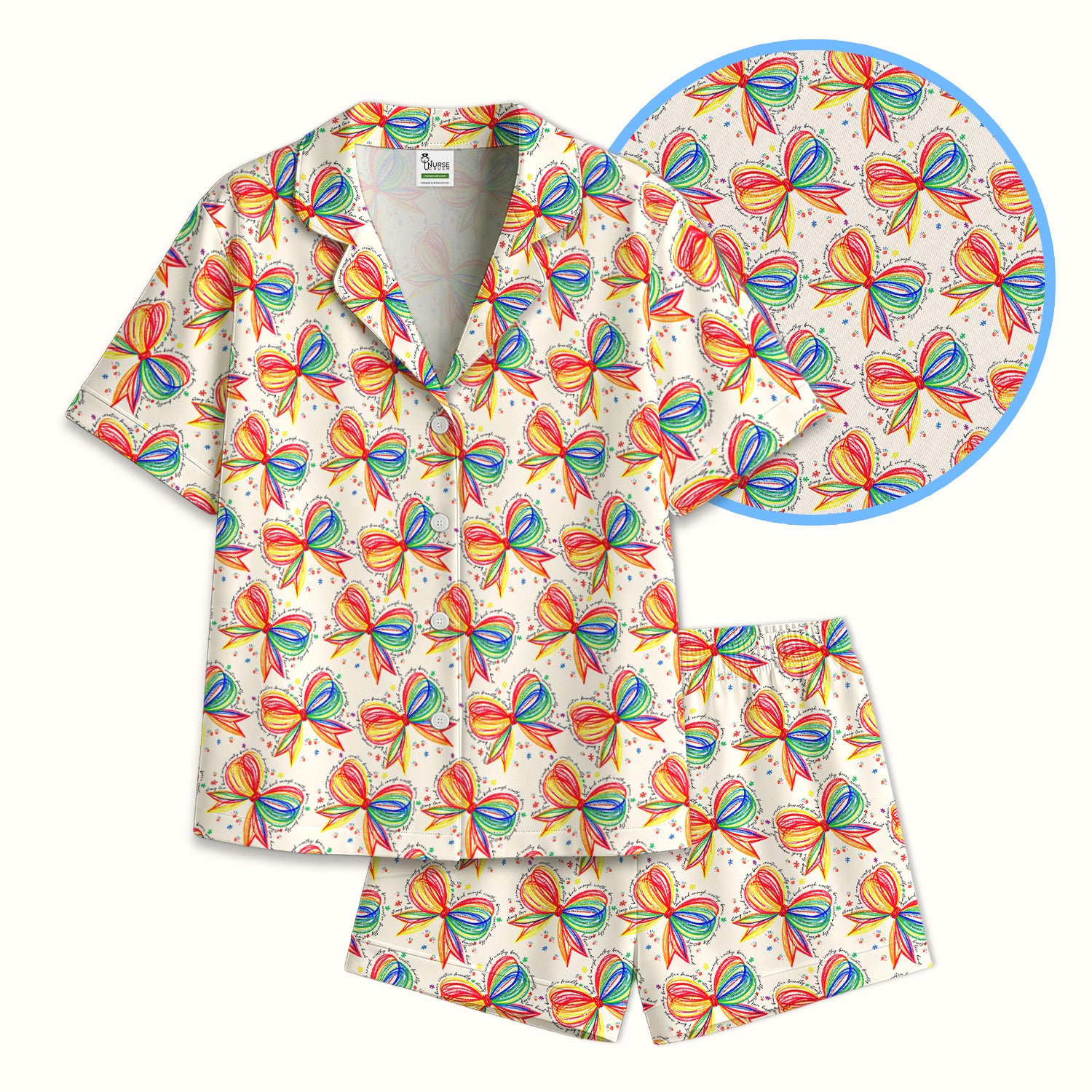 Colorful Rainbow Bow Pattern Pajama Set, Breathable Fabrics Uniform
