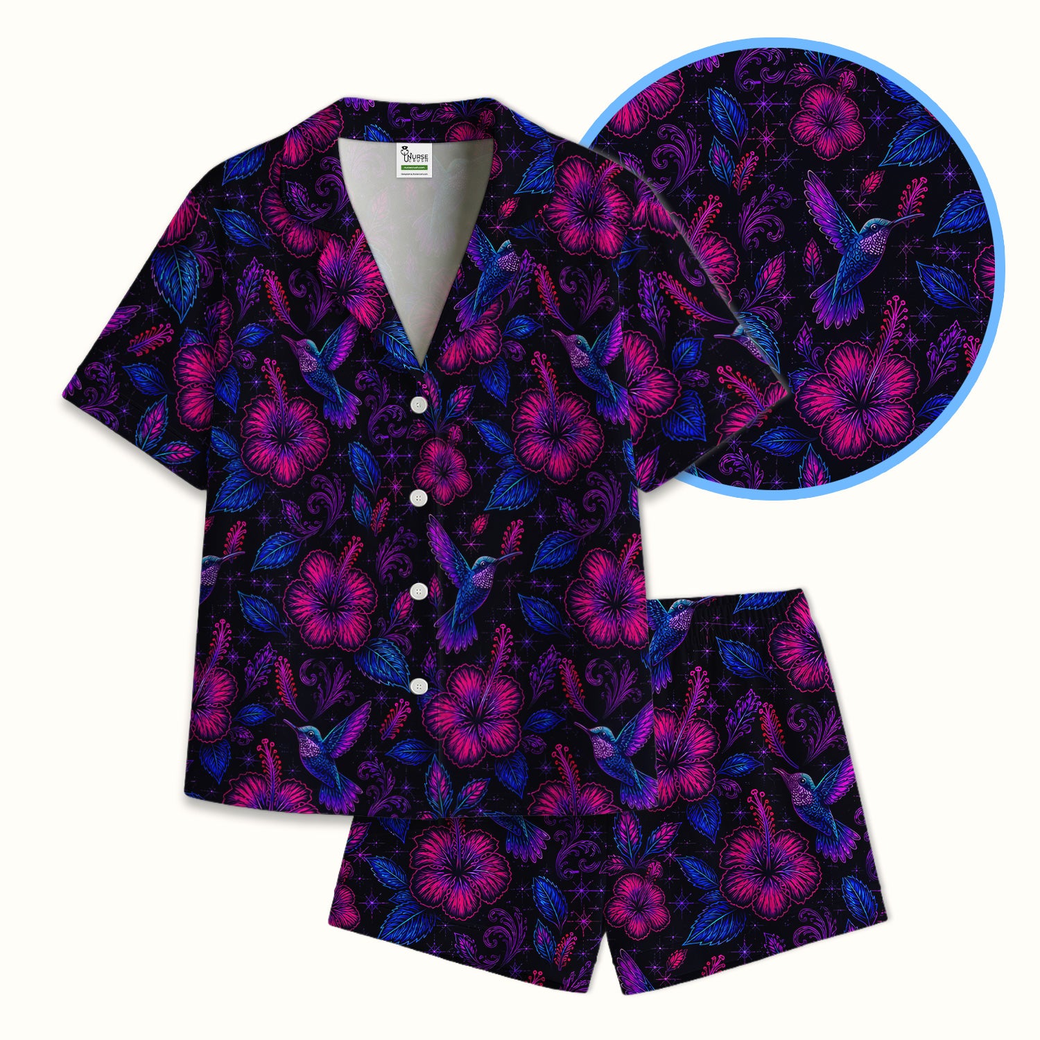Tropical Hummingbird Hibiscus Floral Pattern Pajama Set, Soft Breathable Fabric Comfortable Sleepwear