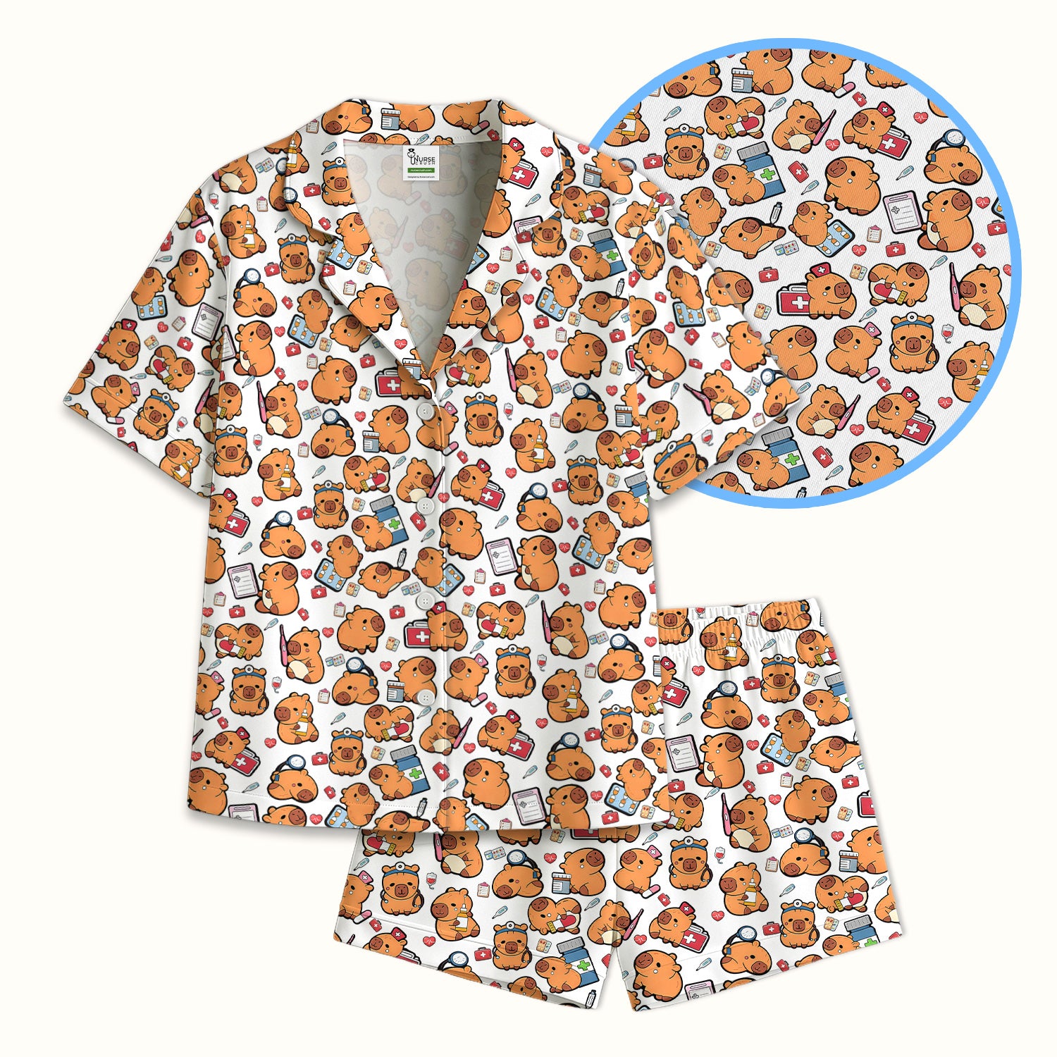 Capybara With Stethoscope And Medical Tools Seamless Pajama Set, Breathable Fabrics Uniform