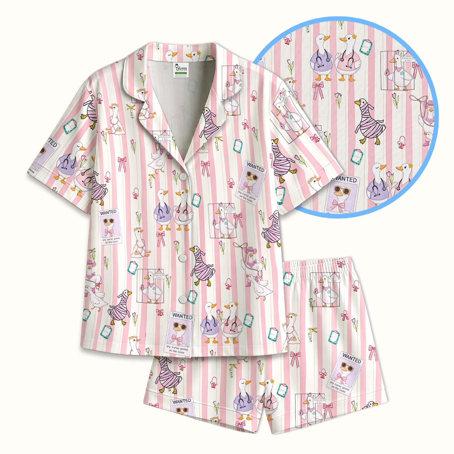 Cute Nurse Duck Stripe Pattern Pajama Set, Breathable Fabrics Uniform