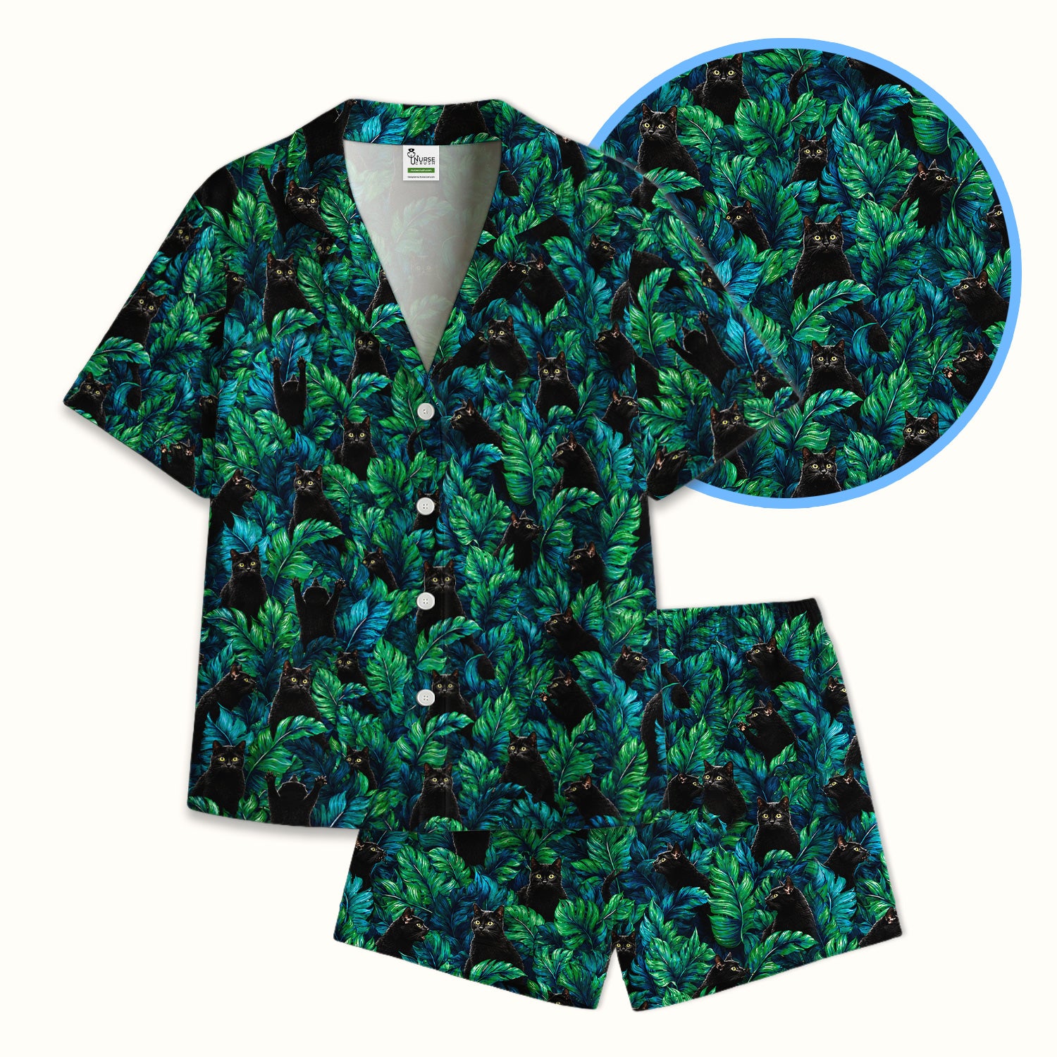 Black Cat Tropical Jungle Leaves Pattern Pajama Set, Soft Breathable Fabric Comfortable Sleepwear