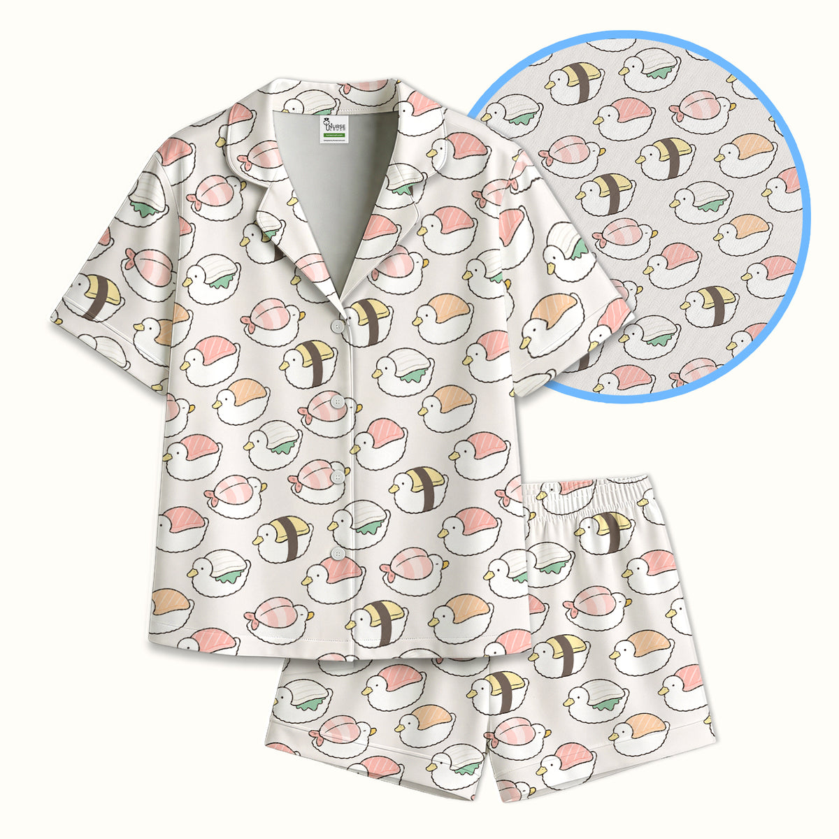 Cute Nigiri Sushi Ducks Pattern Pajama Set, Soft Breathable Fabric Comfortable Sleepwear