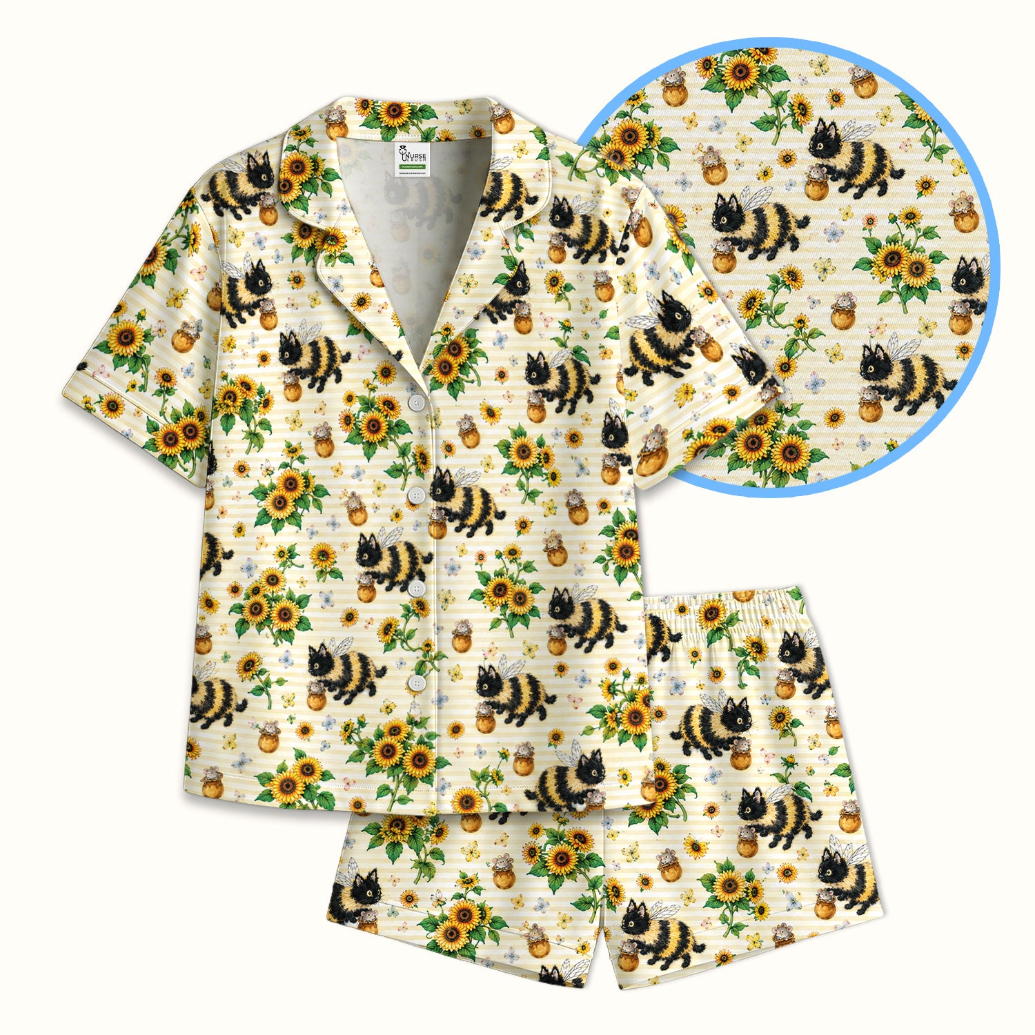 Cute Bumblebee Cat Sunflower Pattern Pajama Set, Soft Breathable Fabric Comfortable Sleepwear