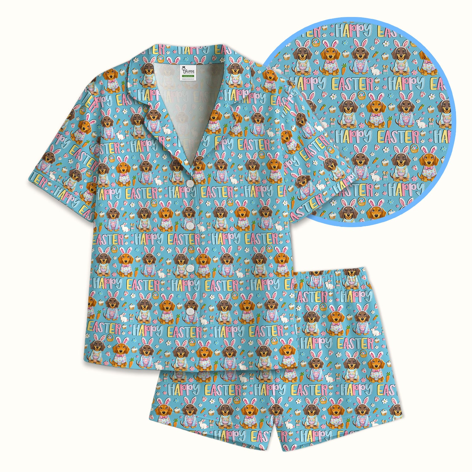Happy Easter Dachshund Bunny Print Pajama Set, Breathable Fabrics Uniform