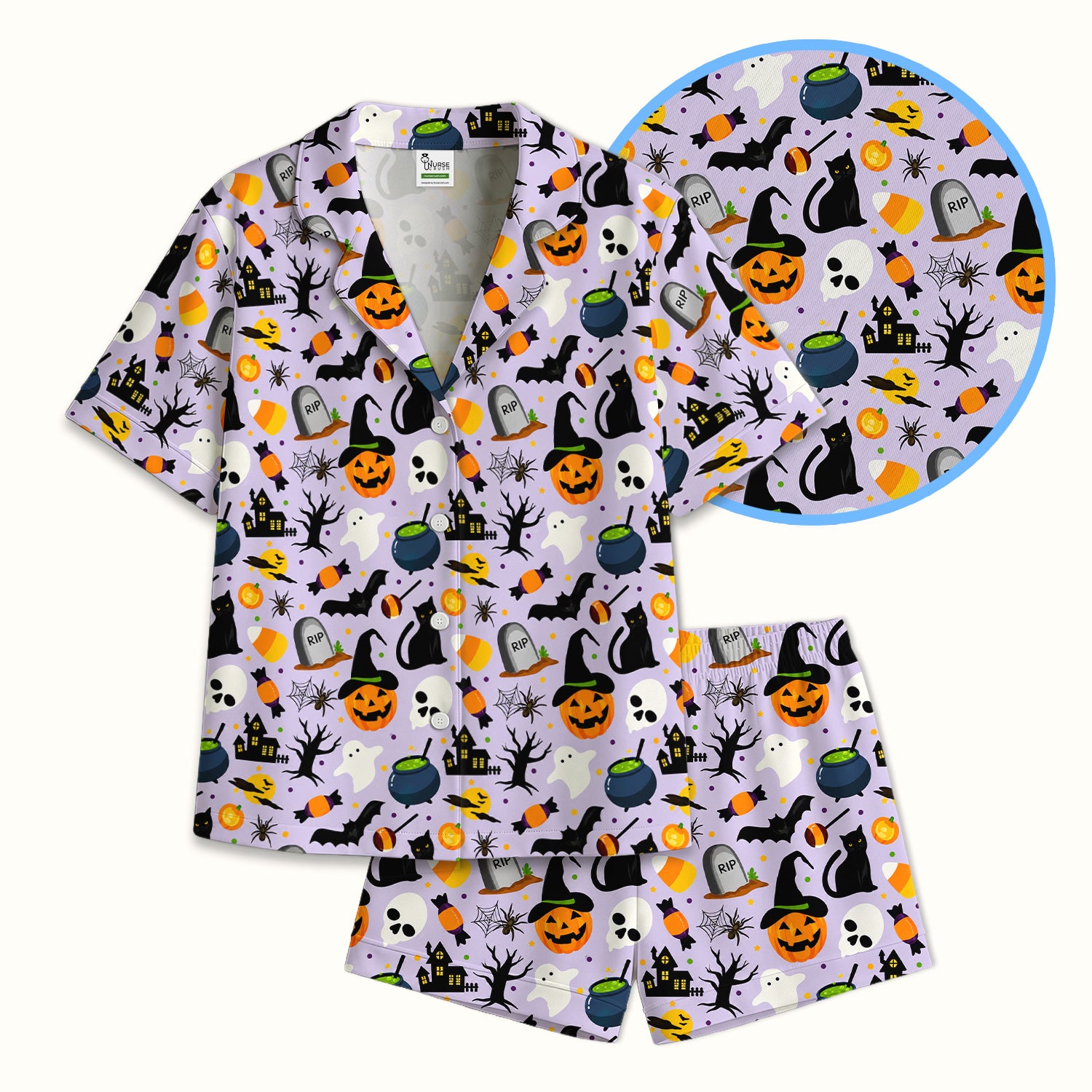 Ghost Pumpkin Witch Pattern Pajama Set, Soft Breathable Fabric Comfortable Sleepwear