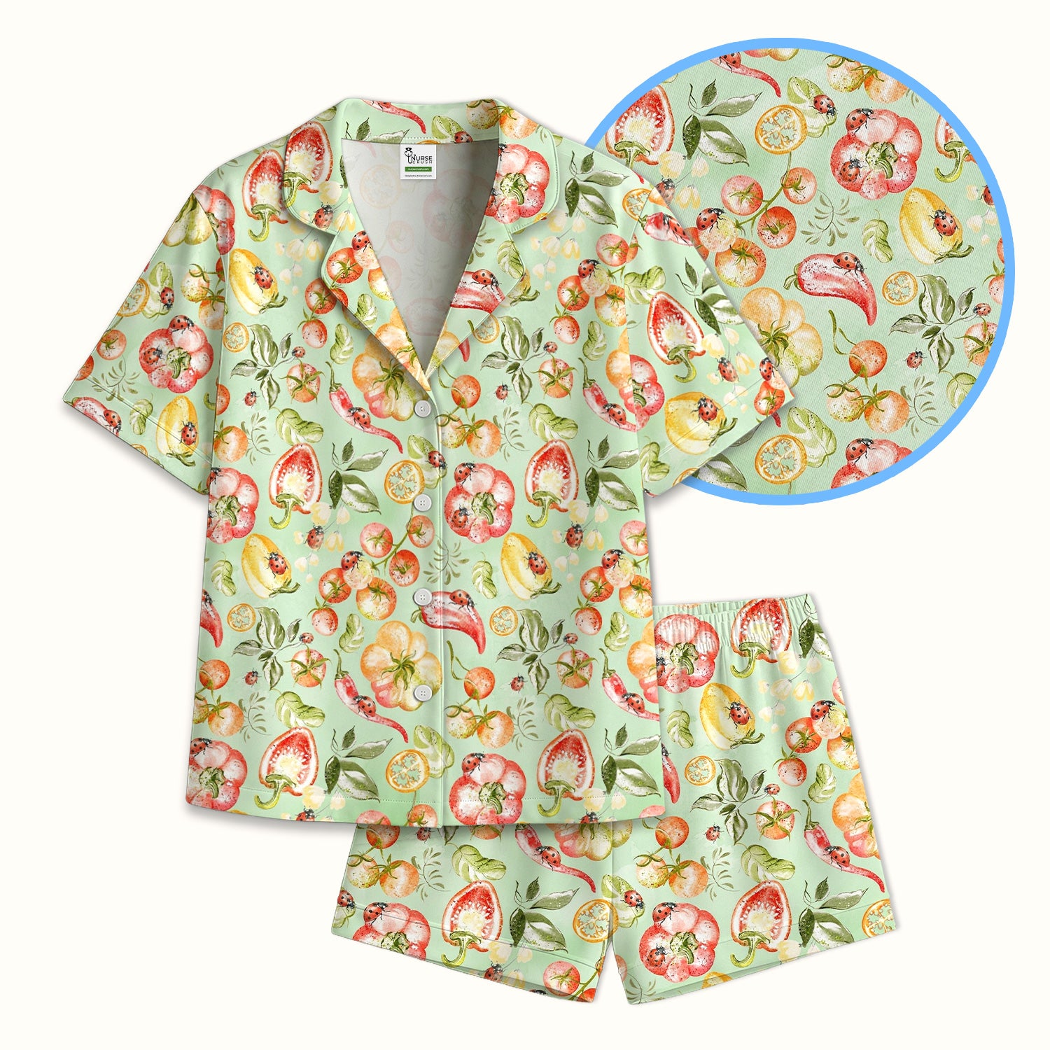 Cute Watercolor Veggie Ladybug Pattern Pajama Set, Soft Breathable Fabric Comfortable Sleepwear