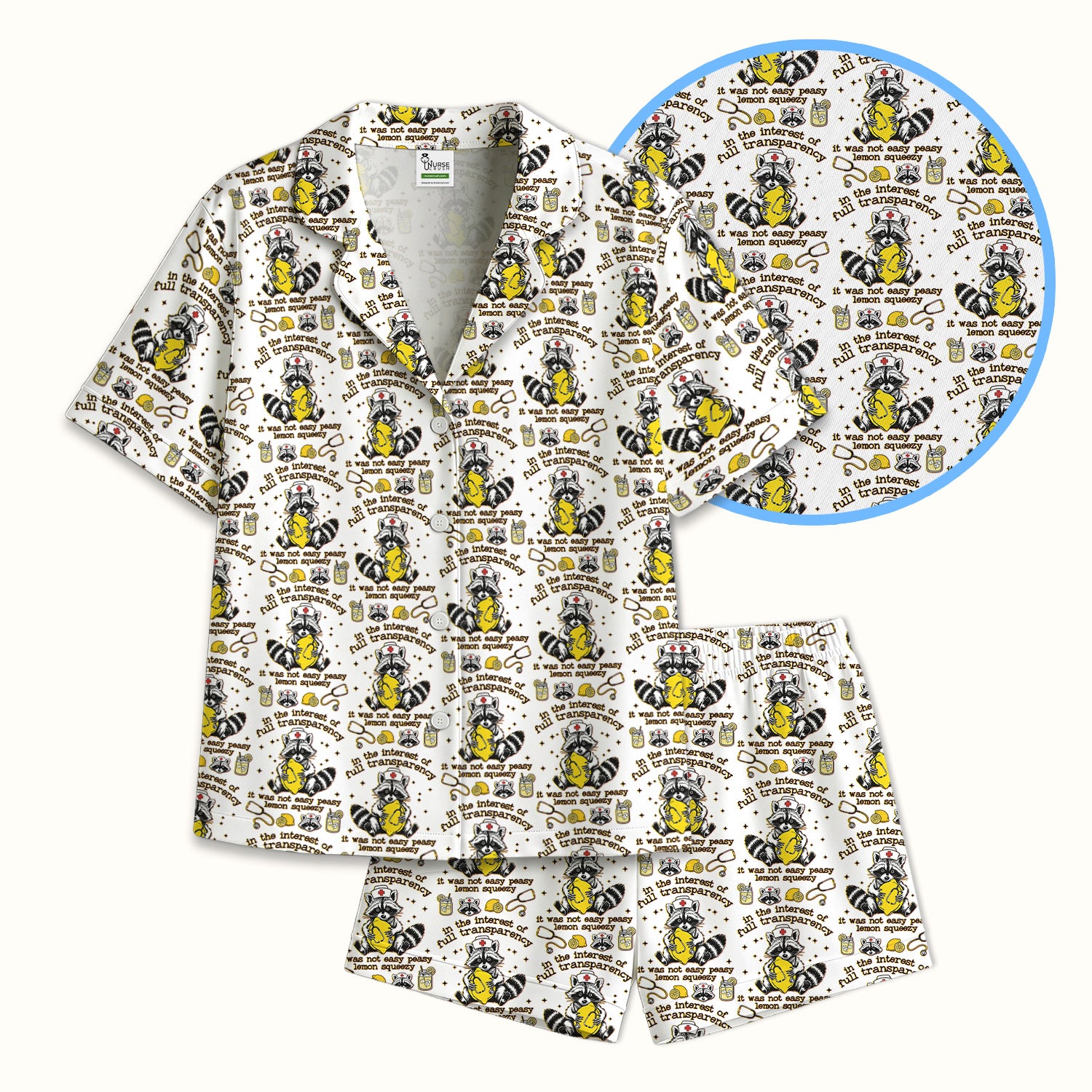 Raccoon Lemon Quote Medical Humor Pattern Pajama Set, Breathable Fabrics Uniform