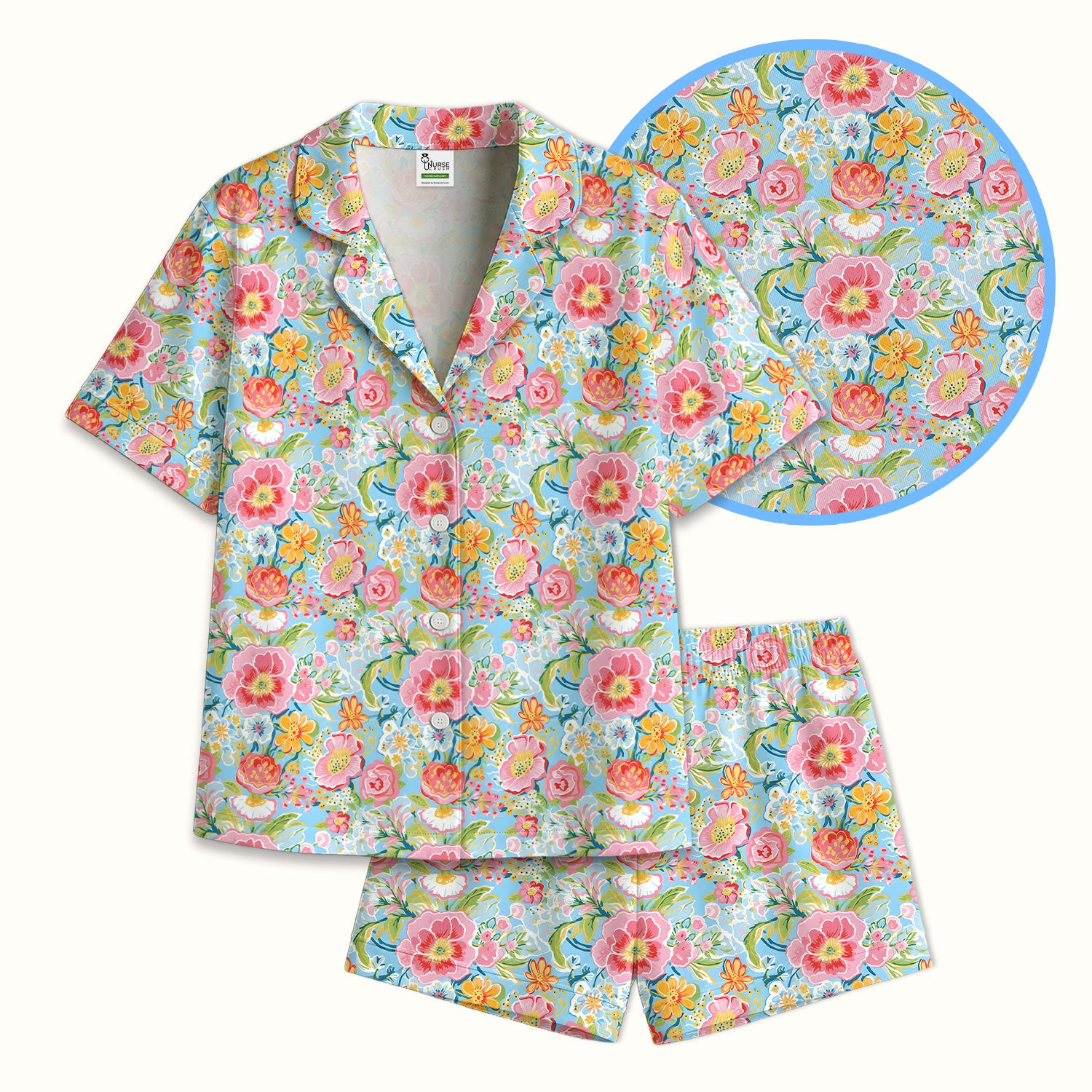 Pastel Tropical Floral Garden Pattern Pajama Set, Soft Breathable Fabric Comfortable Sleepwear