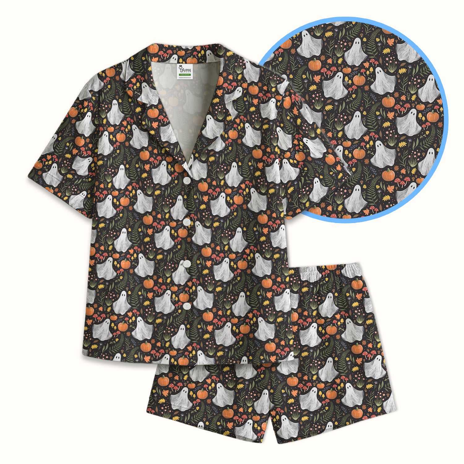 Pumpkin Woodland Pattern Pajama Set, Soft Breathable Fabric Comfortable Sleepwear
