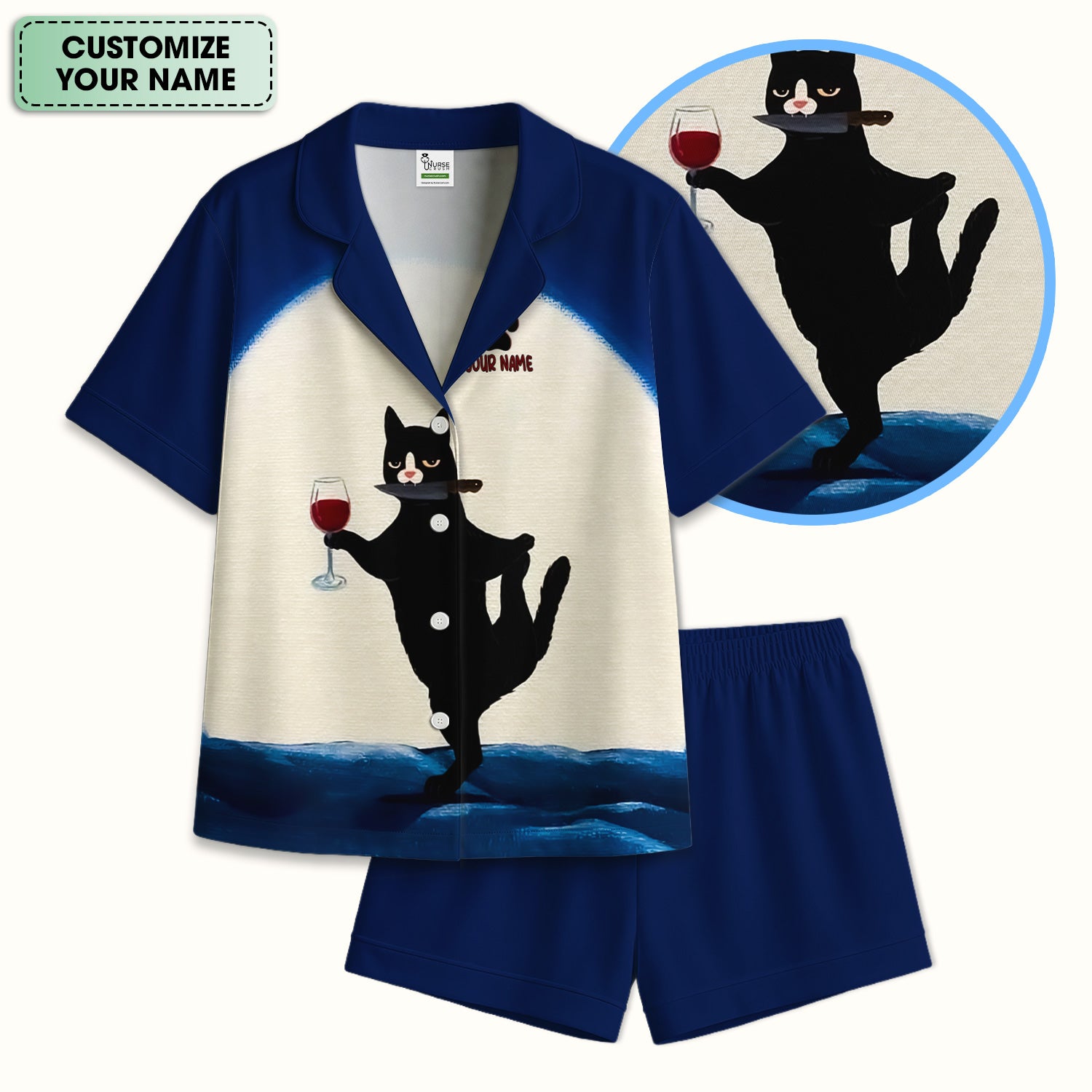 Personalized Funny Cat Holding Wine Glass Knife Pose Pattern Pajama Set, Soft Breathable Fabric Comfortable Sleepwear