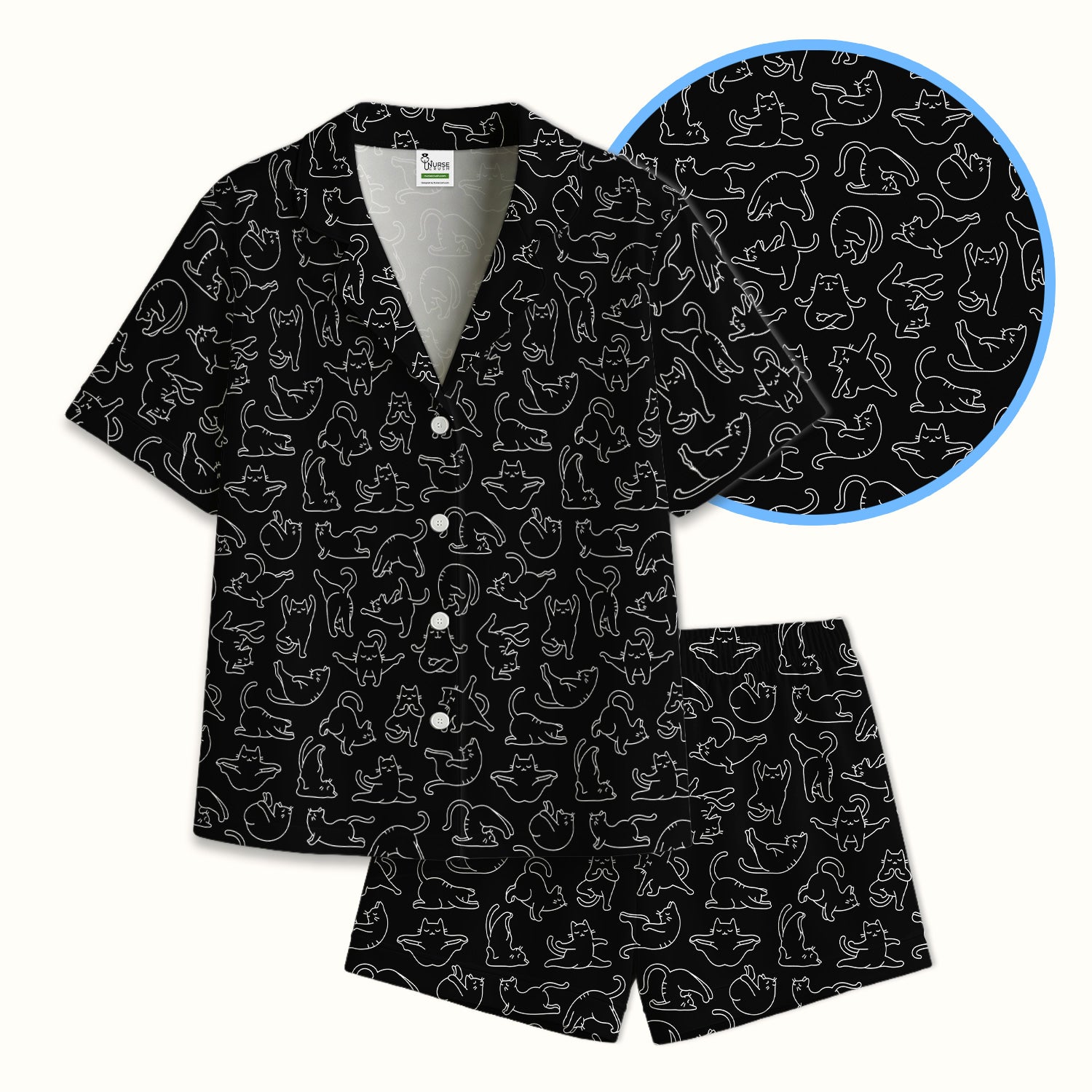 Cute Cat Outline Playing Pattern Pajama Set, Soft Breathable Fabric Comfortable Sleepwear