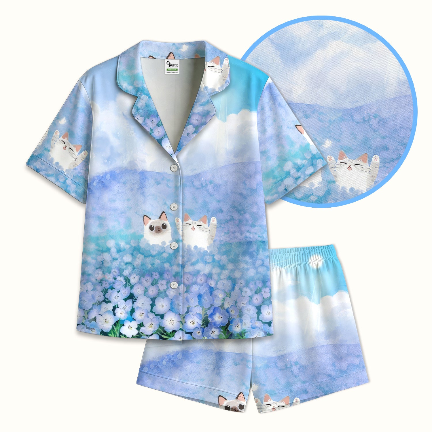 Dreamy Cat Cloud Hydrangea Sky Pattern Pajama Set, Soft Breathable Fabric Comfortable Sleepwear