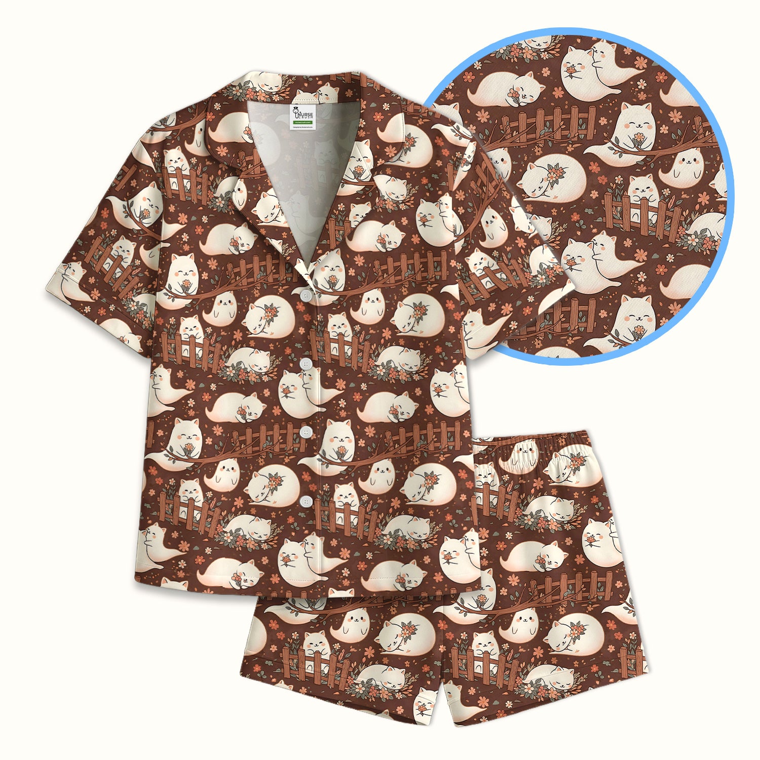 Floral Cat with Garden Fence Print Pajama Set, Soft Breathable Fabric Comfortable Sleepwear