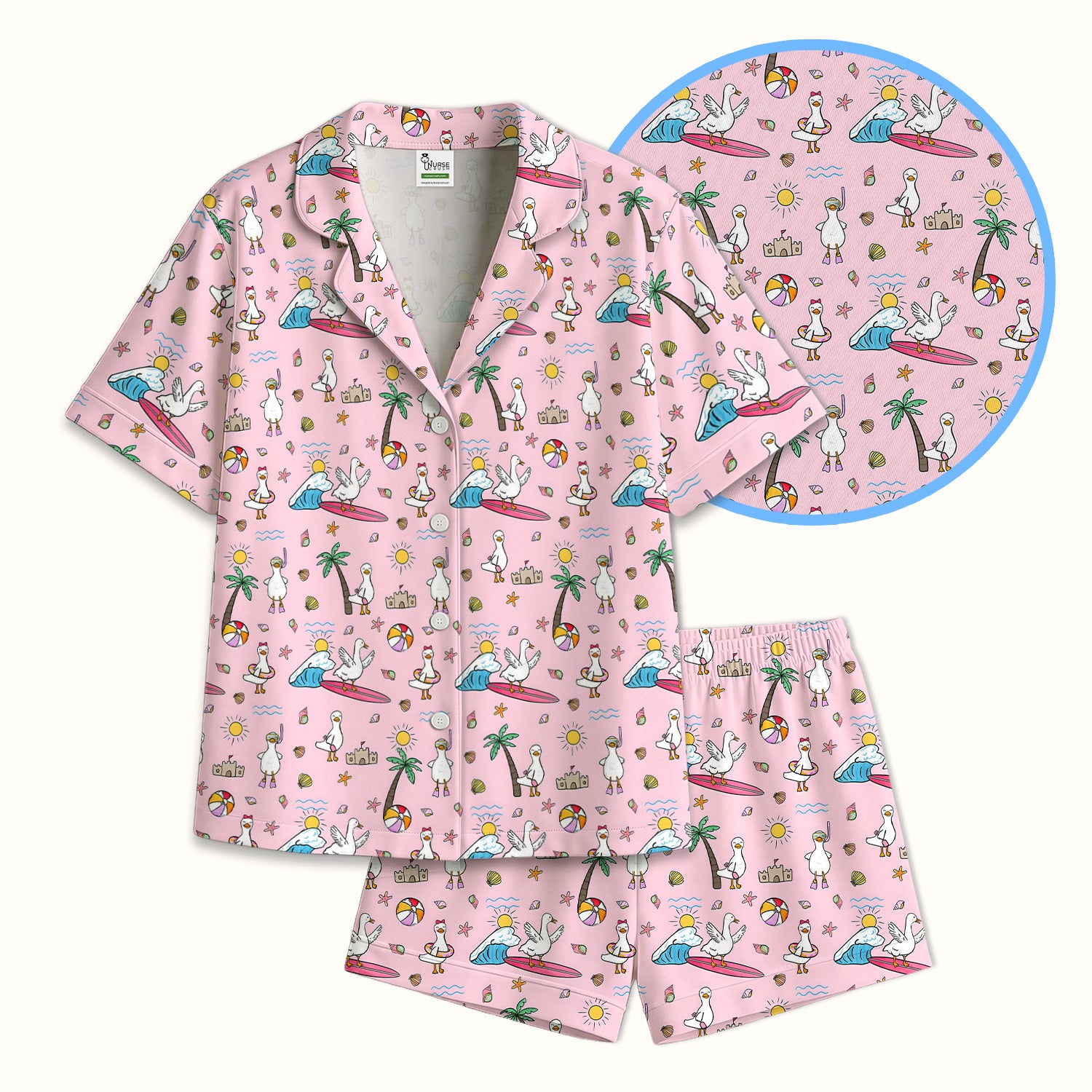 Cute Nurse Seagull Surfboard Beach Palm Tree Pattern Pajama Set, Soft Breathable Fabric Comfortable Sleepwear