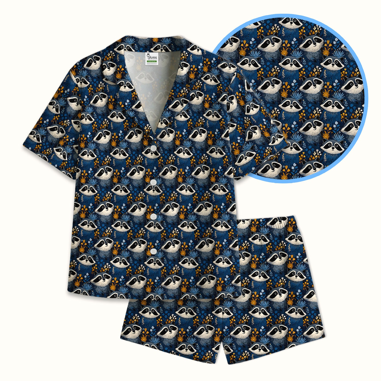 Raccoon With Blue Floral Forest Pattern Pajama Set, Breathable Fabrics Uniform