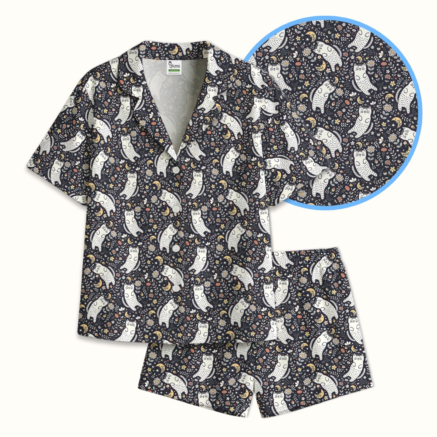 Moonlit Floral Cat Seamless Pattern Pajama Set, Soft Breathable Fabric Comfortable Sleepwear
