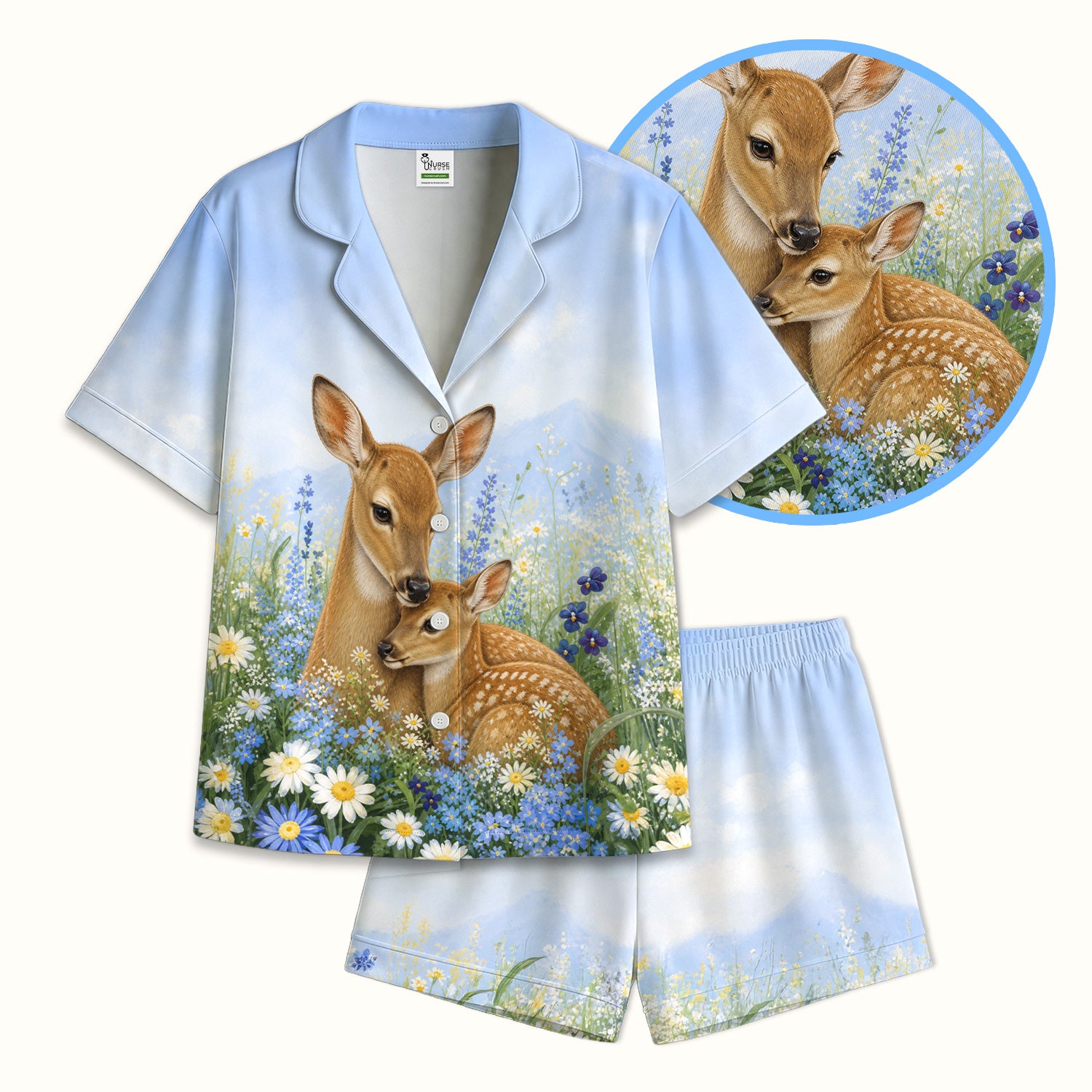 Cute Deer Mother Baby With Meadow Pattern Pajama Set, Soft Breathable Fabric Comfortable Sleepwear