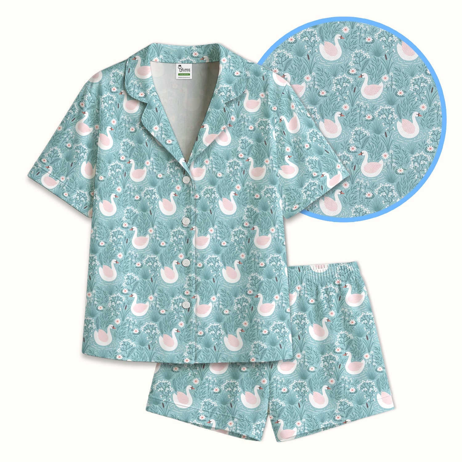Sweet Swan Waterlily Garden Pattern Pajama Set, Soft Breathable Fabric Comfortable Sleepwear