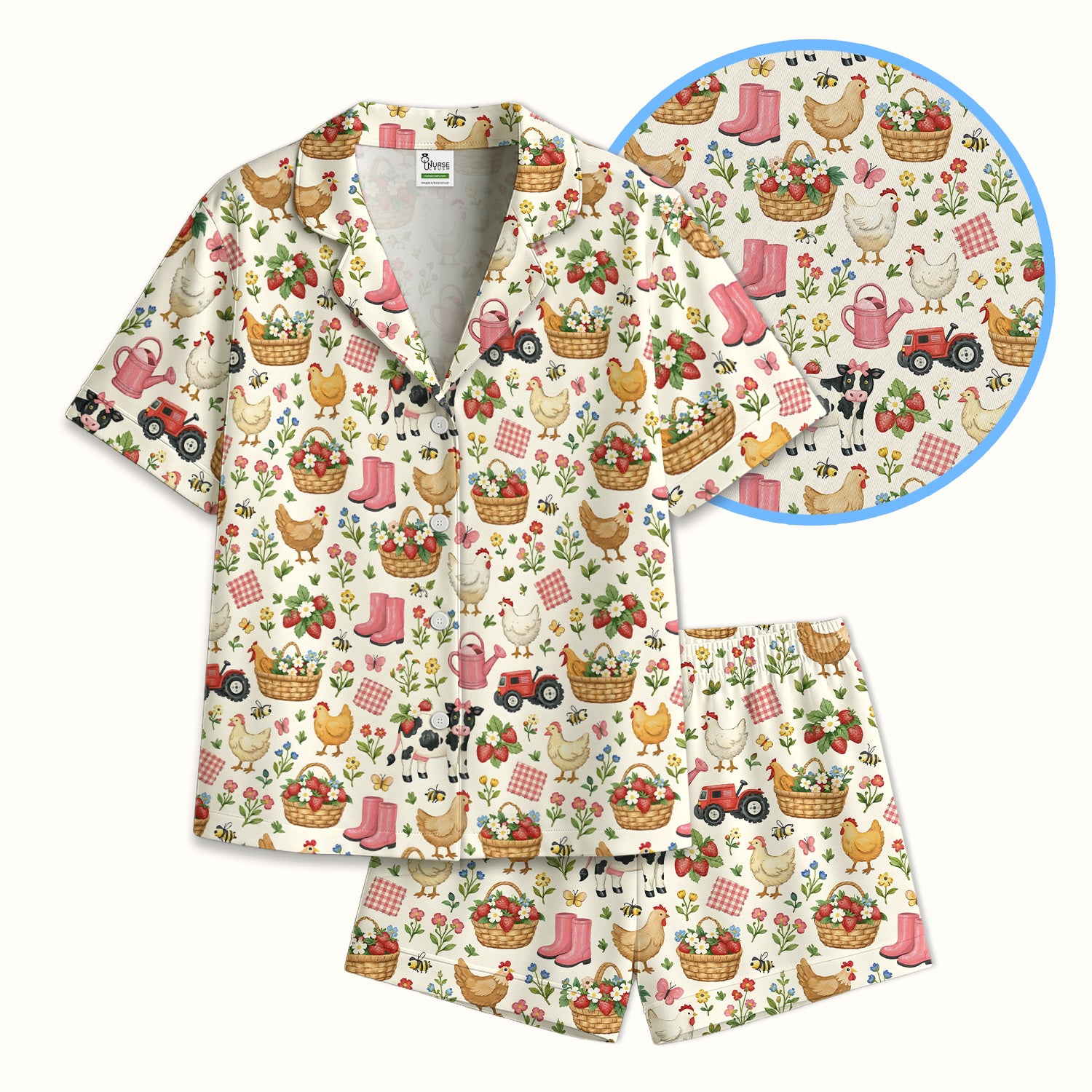 Whimsical Farm Animals Garden Pattern Pajama Set, Breathable Fabrics Uniform