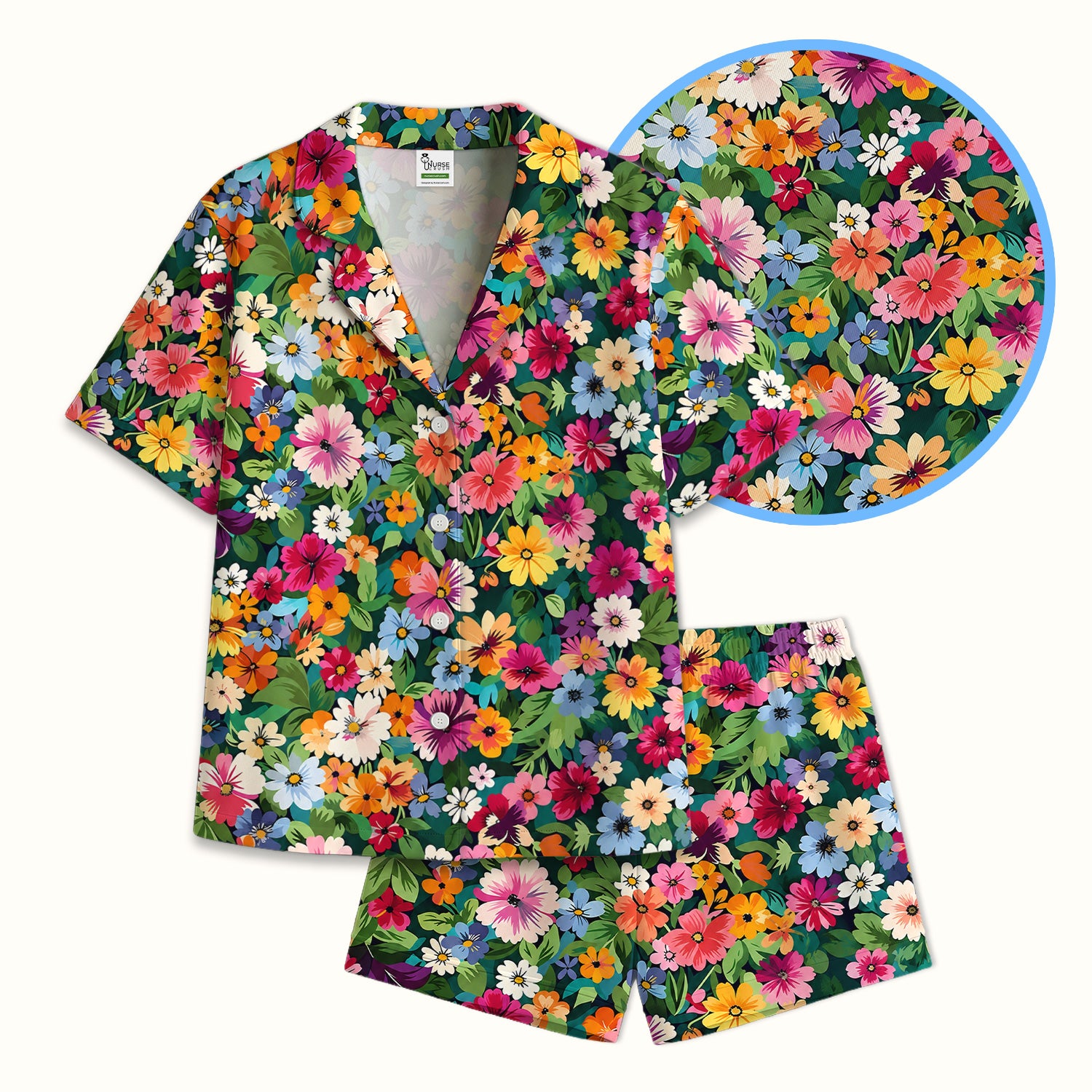 Colorful Wildflower Garden Pattern Pajama Set, Soft Breathable Fabric Comfortable Sleepwear