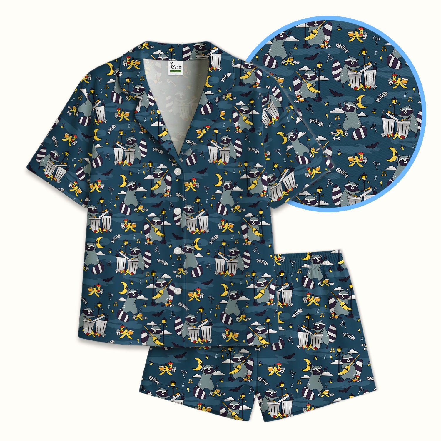 Raccoon Night Trash And Banana Peel Pattern Pajama Set, Breathable Fabrics Uniform