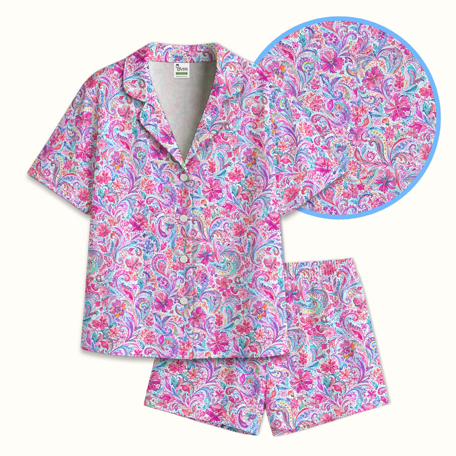 Elegant Pink Paisley Blossom Pattern Pajama Set, Soft Breathable Fabric Comfortable Sleepwear