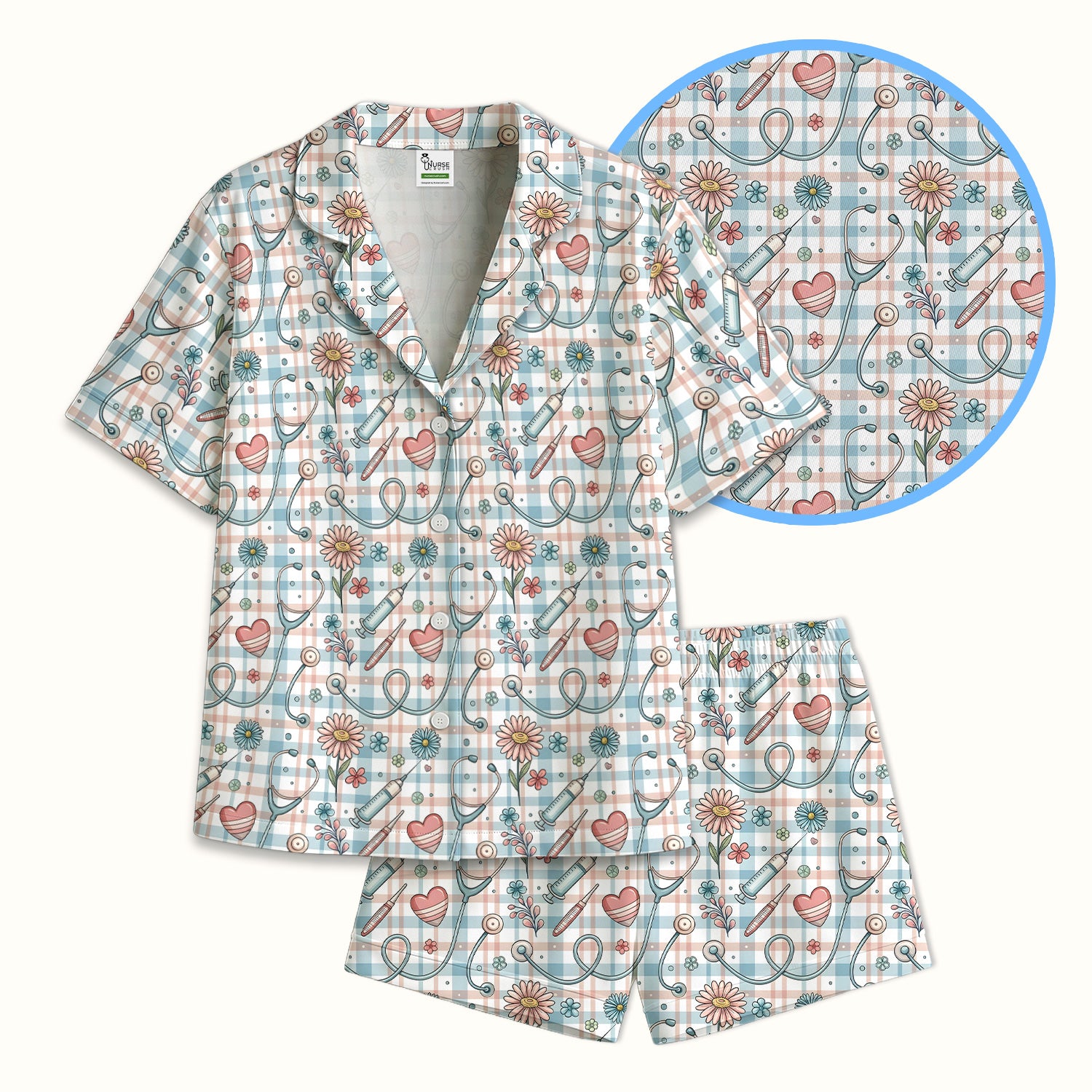 Stethoscope Heart Syringe Floral Plaid Pattern Pajama Set, Breathable Fabrics Uniform