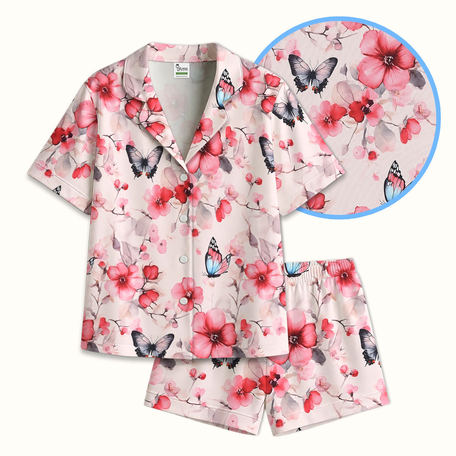 Pink Butterfly Blossom Pattern Pajama Set, Soft Breathable Fabric Comfortable Sleepwear